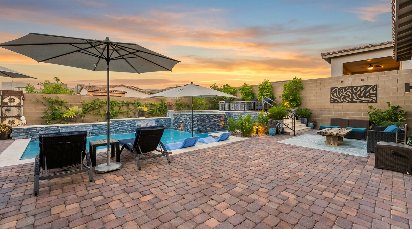 This backyard oasis features a modern swimming pool with a raised, tiled water feature and integrated spa. The surrounding patio is paved with stone pavers and includes multiple lounge chairs under umbrellas, a casual seating area, and lush landscaping along the perimeter wall. The space is designed for outdoor relaxation and entertaining, offering a clean, contemporary aesthetic.