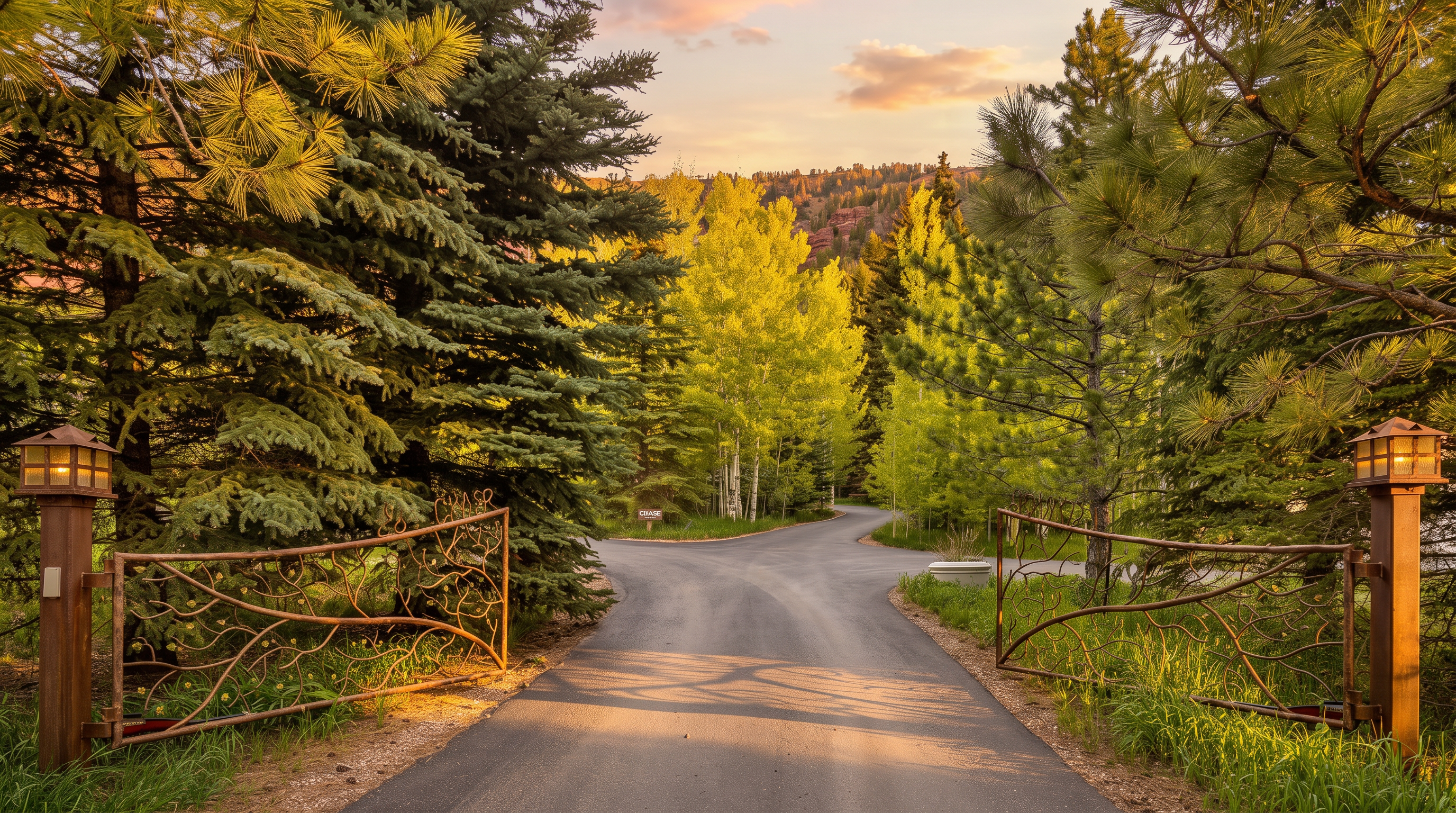 This image captures the grand, gated entrance to a private property, framed by lush evergreen trees and vibrant green foliage. A paved driveway leads through ornate, rustic metal gates topped with decorative lanterns, creating a welcoming and secluded atmosphere. The perspective is centered, drawing the viewer's eye down the path toward the natural landscape beyond.