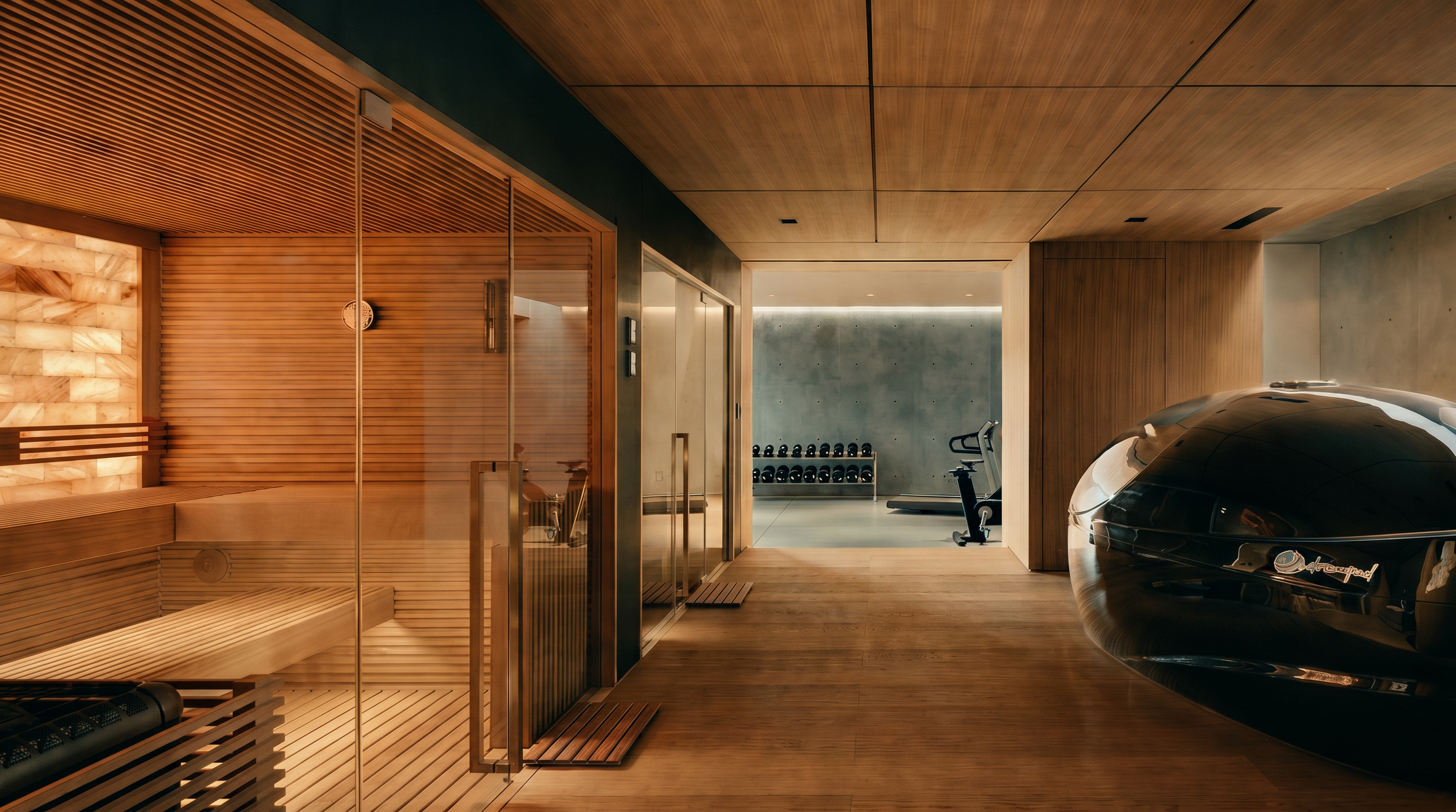 This sophisticated wellness area features a modern sauna with glass doors and a Himalayan salt wall, adjacent to a sleek, futuristic recovery pod. The space transitions seamlessly into a minimalist home gym visible in the background, characterized by concrete walls and organized weight racks. The warm wood paneling and ambient lighting create a luxurious, spa-like atmosphere perfect for high-end residential fitness.