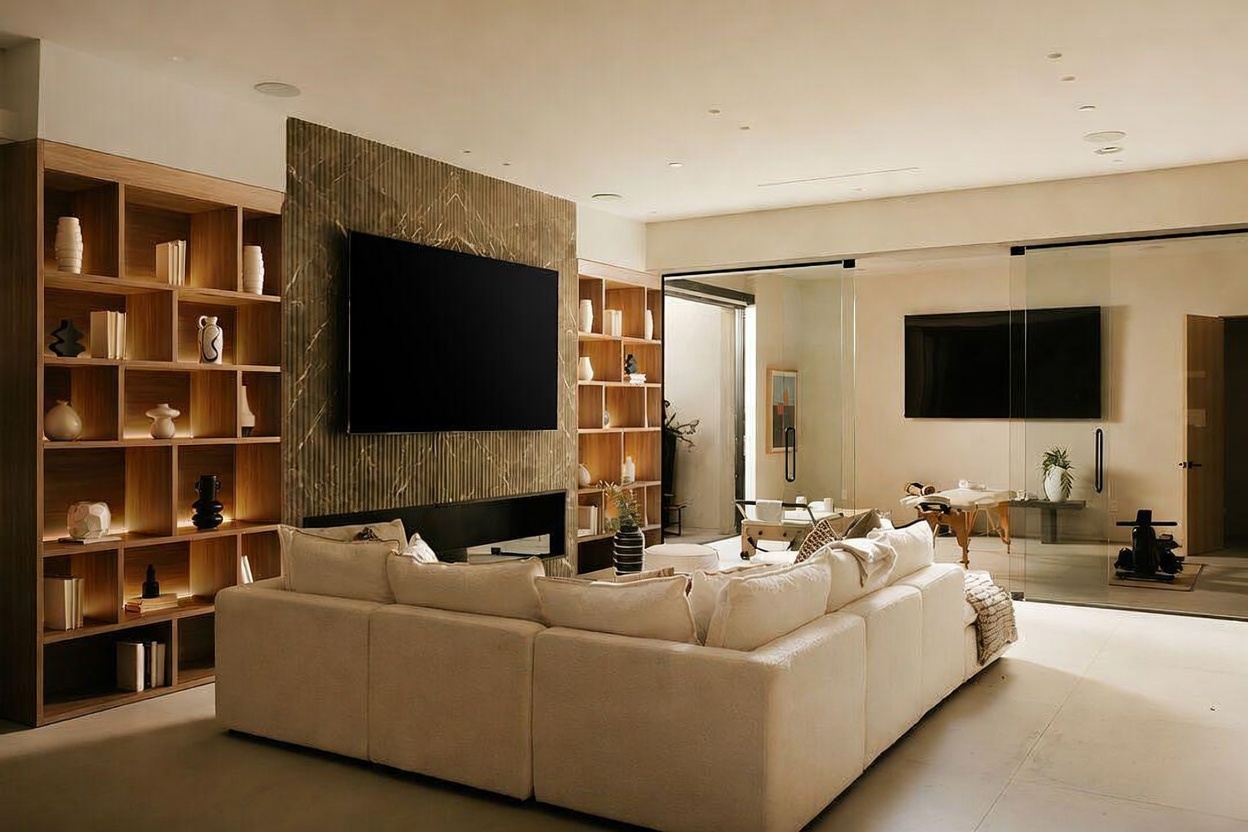 This sophisticated living room features a large, light-colored sectional sofa positioned before a central wall with a full-height stone-clad chimney breast and a built-in television. Flanking the central feature are extensive light wood shelving units filled with decorative objects, while a glass-enclosed room visible in the background suggests a versatile space for fitness or relaxation. The room is illuminated by recessed lighting and warm accent lights within the shelving, creating a serene and modern atmosphere.