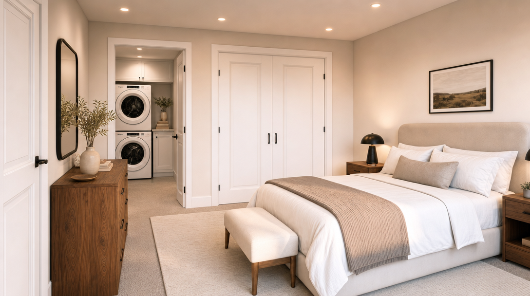 This serene primary bedroom features a contemporary aesthetic with a neutral color palette, plush carpeting, and warm wood accents. The room includes a well-appointed bed with a beige headboard, matching nightstands, and a stylish wooden dresser, seamlessly connecting to an adjoining closet area containing a stackable laundry unit. The overall impression is one of modern, peaceful living with highly functional design elements.