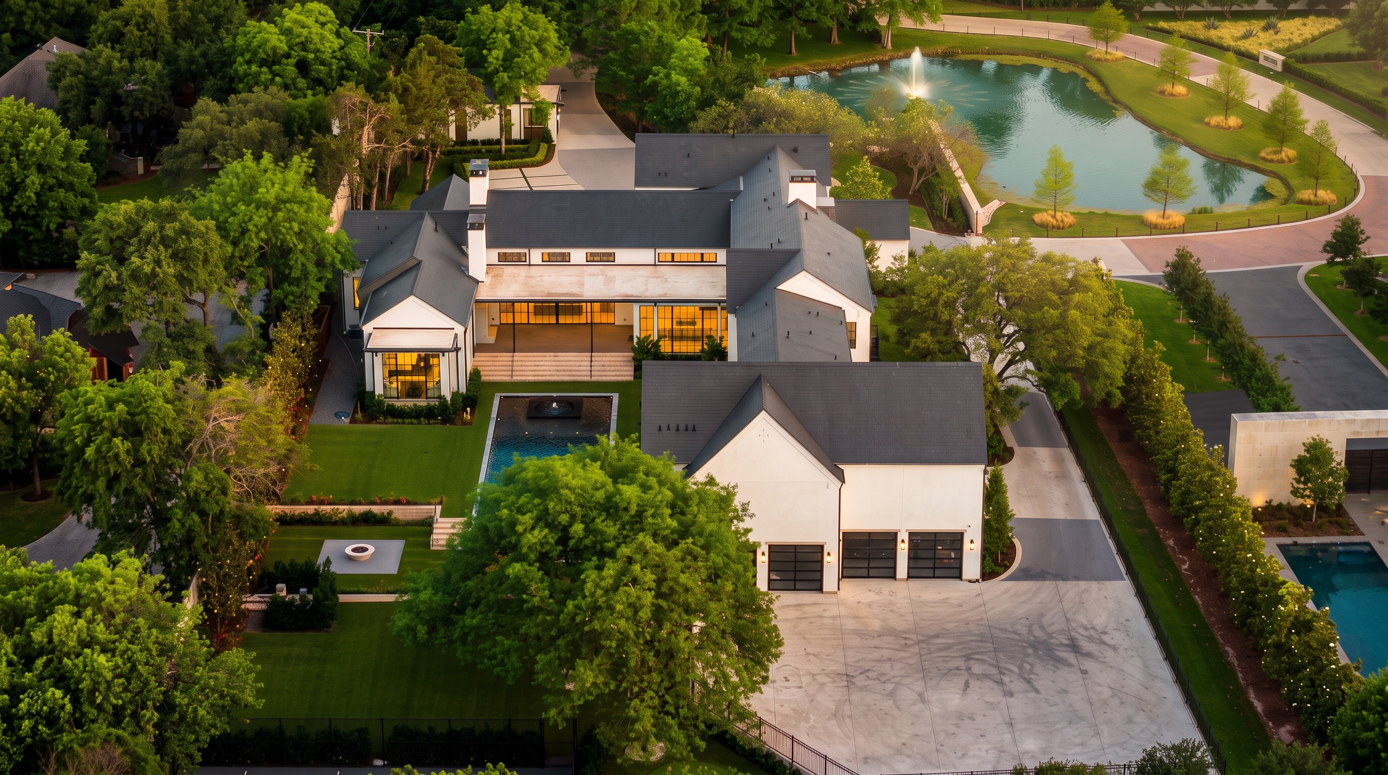 This high-angle aerial view captures a sprawling, modern farmhouse-style estate set within a lush, landscaped property. The residence features a crisp white exterior with a dark roof, a private swimming pool, a multi-car garage, and a dedicated sports court, all bordered by mature trees and a scenic pond with a fountain. The perspective emphasizes the expansive layout and the seamless integration of luxury outdoor living spaces with the surrounding natural environment.