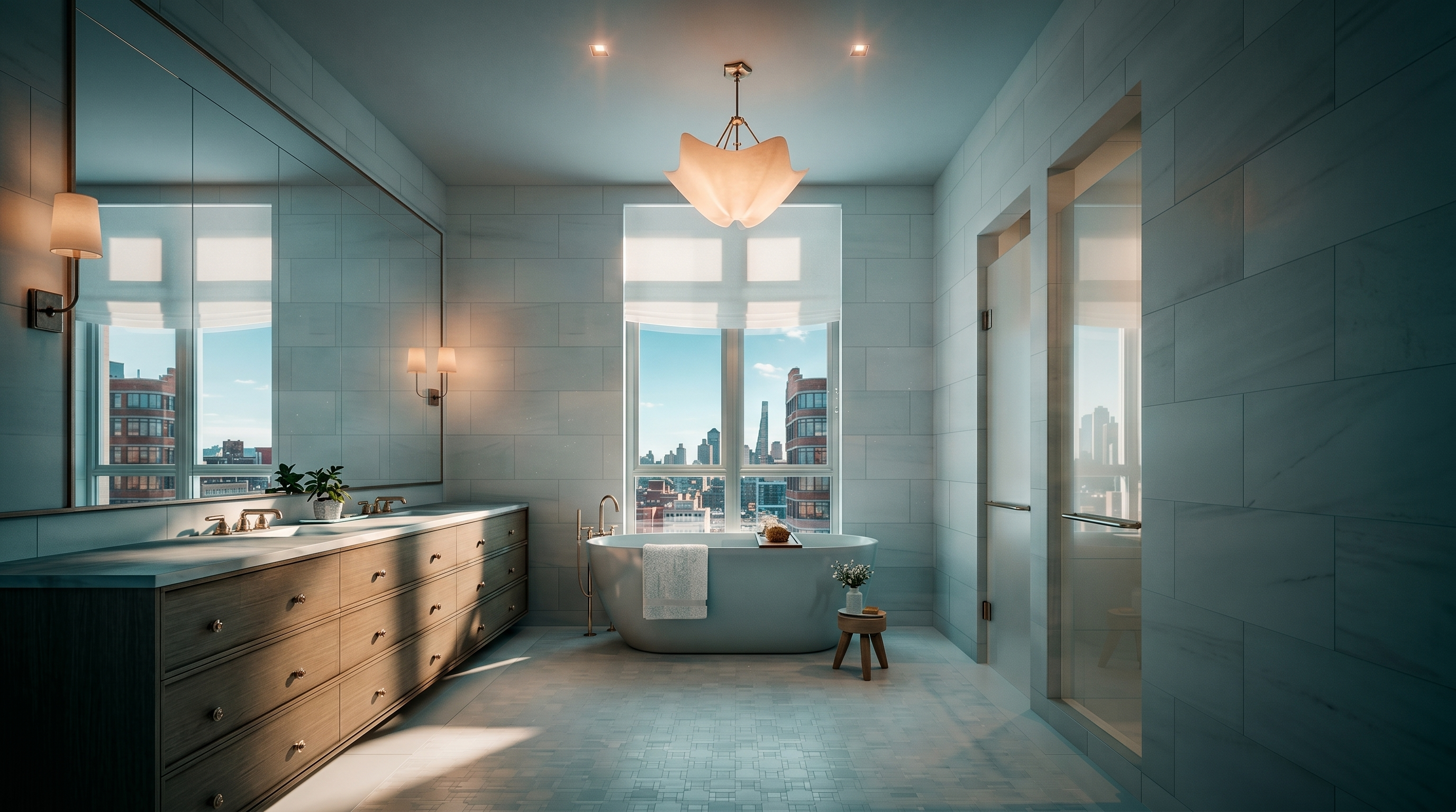 This luxurious primary bathroom features a central freestanding soaking tub positioned in front of a large window with expansive city views. To the left, a long vanity with light wood cabinetry and a large mirror provides ample storage, while a glass-enclosed shower is situated on the right. The space is finished with neutral, light-toned wall tiles and recessed lighting, creating a bright and serene atmosphere.