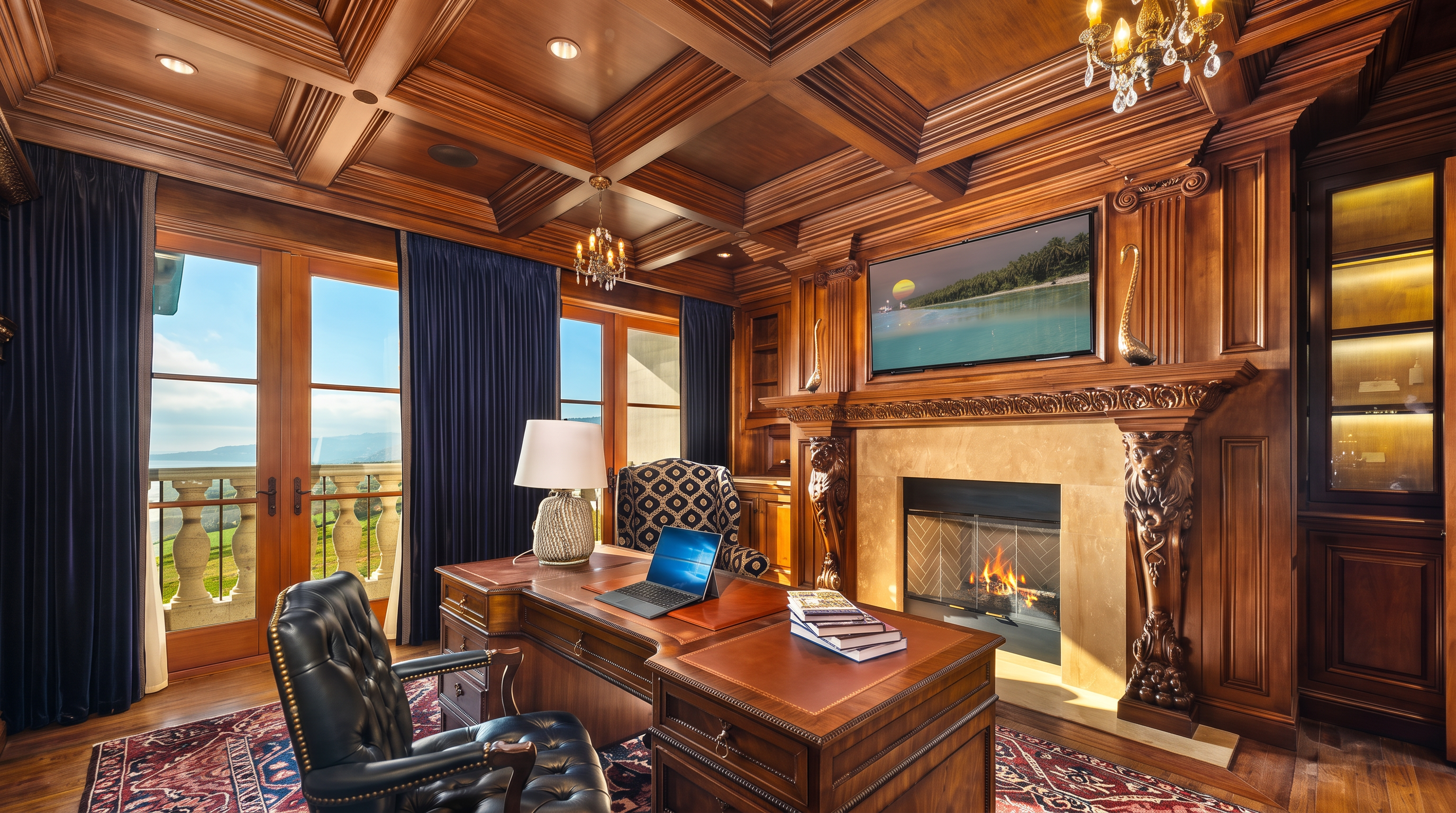 This sophisticated home office features rich wood paneling, a coffered ceiling, and a large desk positioned in the center of the room. A fireplace with a stone surround and a television mounted above serves as the focal point, while a patterned area rug adds warmth to the space. Large glass doors open to a balcony, providing natural light and a scenic view of the outdoors.
