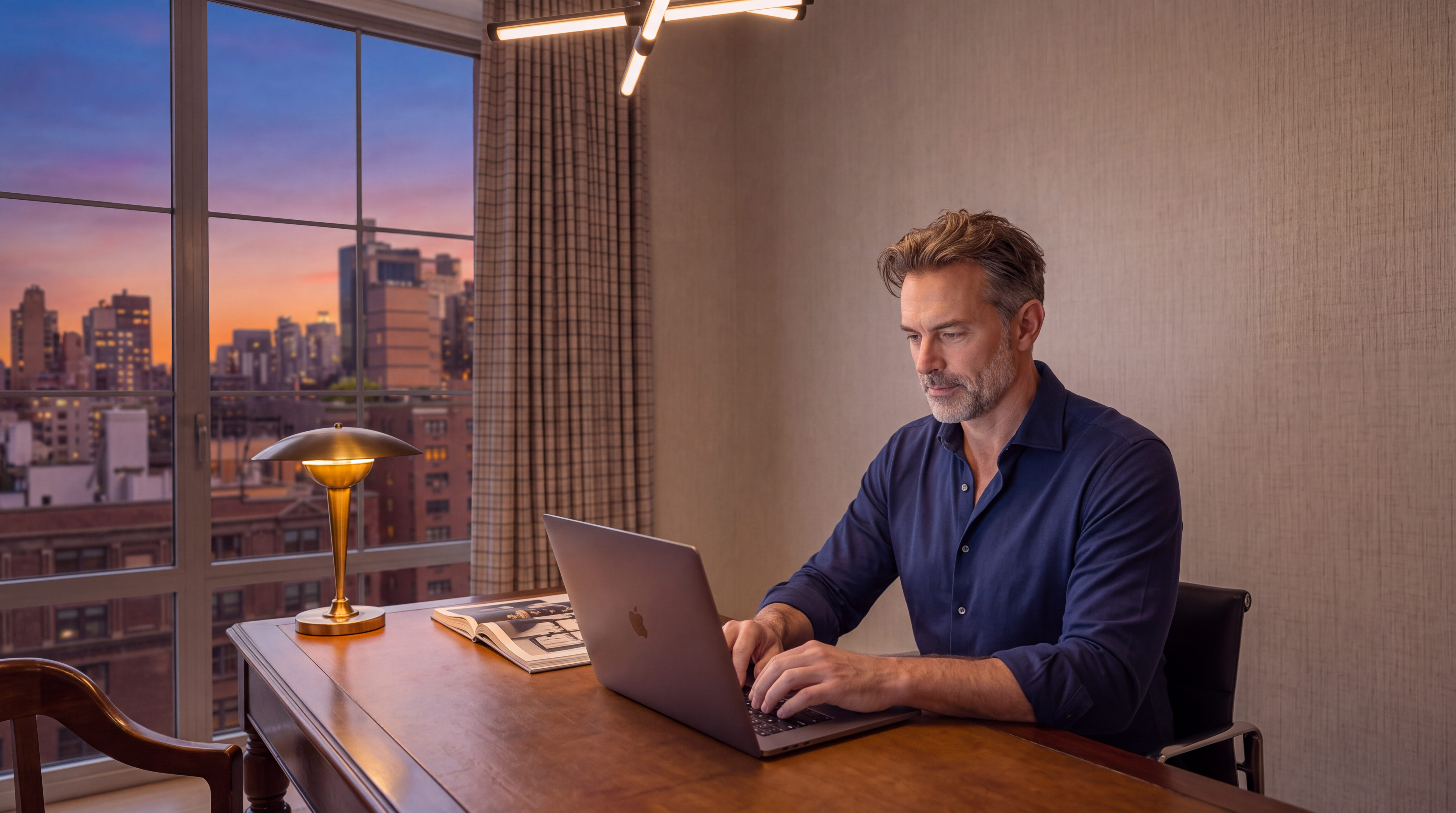 This sophisticated home office features a high-end wooden desk and a professional aesthetic, perfectly suited for remote work. Large floor-to-ceiling windows offer a breathtaking, unobstructed view of an urban skyline at sunset, creating a luxurious and serene workspace environment. The space is elegantly illuminated by a stylish modern light fixture and a polished brass desk lamp, enhancing the warm and refined atmosphere.