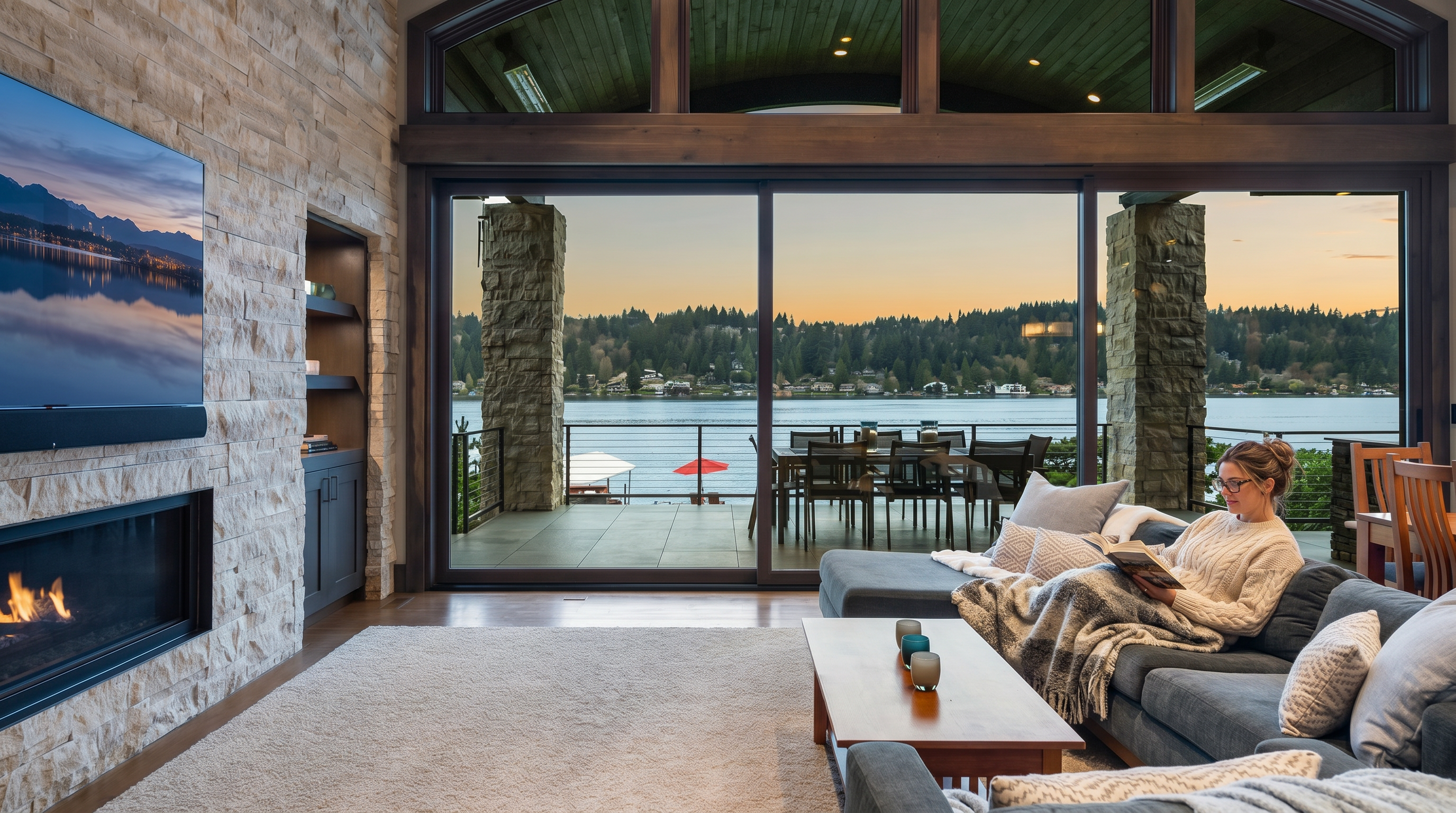 This spacious living room features a prominent stone-clad chimney breast housing a fireplace and a wall-mounted television. A large, plush sectional sofa faces the fireplace, while expansive sliding glass doors provide a seamless transition to an outdoor deck overlooking a serene lake. The room is defined by its warm, rustic aesthetic, highlighted by exposed wooden ceiling beams and a neutral color palette that emphasizes the scenic waterfront view.