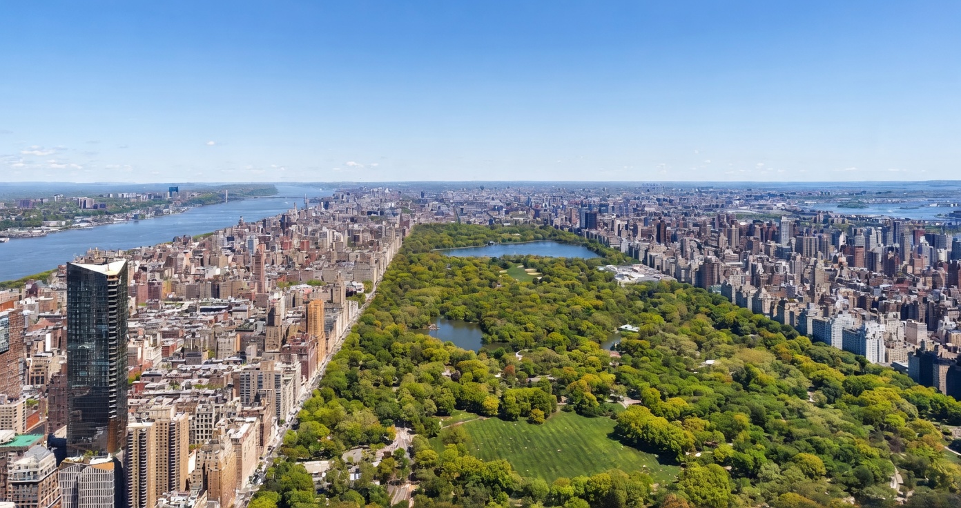 This high-altitude aerial perspective captures a sweeping view of Central Park in New York City, flanked by dense urban development on both sides. The lush green expanse of the park contrasts sharply with the surrounding grid of skyscrapers, while the Hudson River is visible in the distance. The composition provides a grand sense of scale, highlighting the iconic relationship between the city's architecture and its primary green space.
