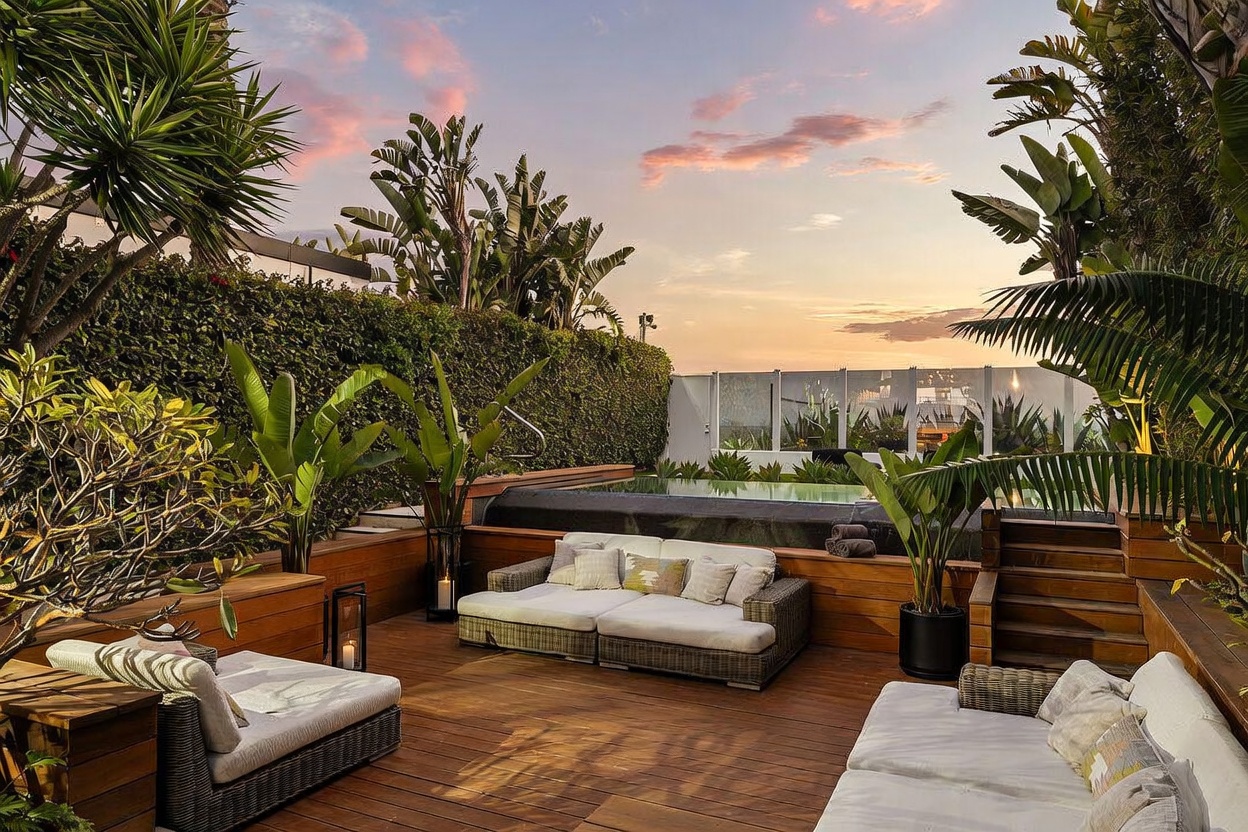 This sophisticated outdoor deck features warm-toned wood decking and comfortable, modern lounge seating arranged for relaxation. A raised, glass-fronted pool serves as a striking focal point, framed by lush greenery and a tall hedge that provides privacy. The scene is captured at sunset, with soft, golden light illuminating the space and creating a serene, high-end atmosphere.