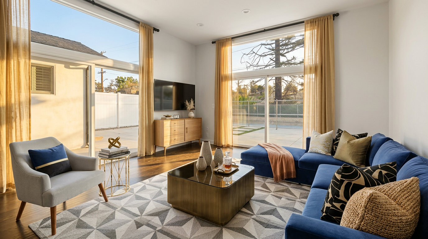 This bright and airy living room features a contemporary style with a large blue sectional sofa and a sleek, textured coffee table. The open-concept design includes floor-to-ceiling windows with gold curtains that allow abundant natural light, providing a seamless transition to the backyard. A minimalist light wood dresser and a matching gray armchair complete the sophisticated and inviting interior decor.