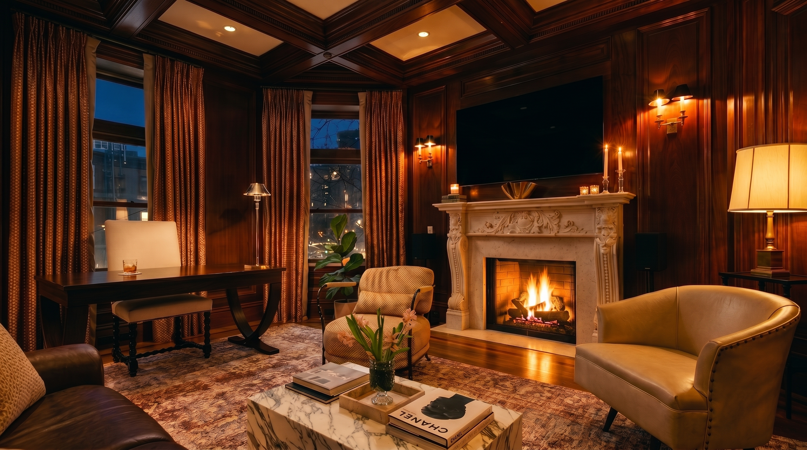 This sophisticated study features rich, dark wood-paneled walls and a coffered ceiling, creating a warm and traditional atmosphere. The room is furnished with a desk, a patterned armchair, and a light-colored club chair, all centered around a stone fireplace with an ornate mantel. Large windows draped in textured curtains allow natural light to fill the space, which is anchored by a patterned area rug and a stone-topped coffee table.
