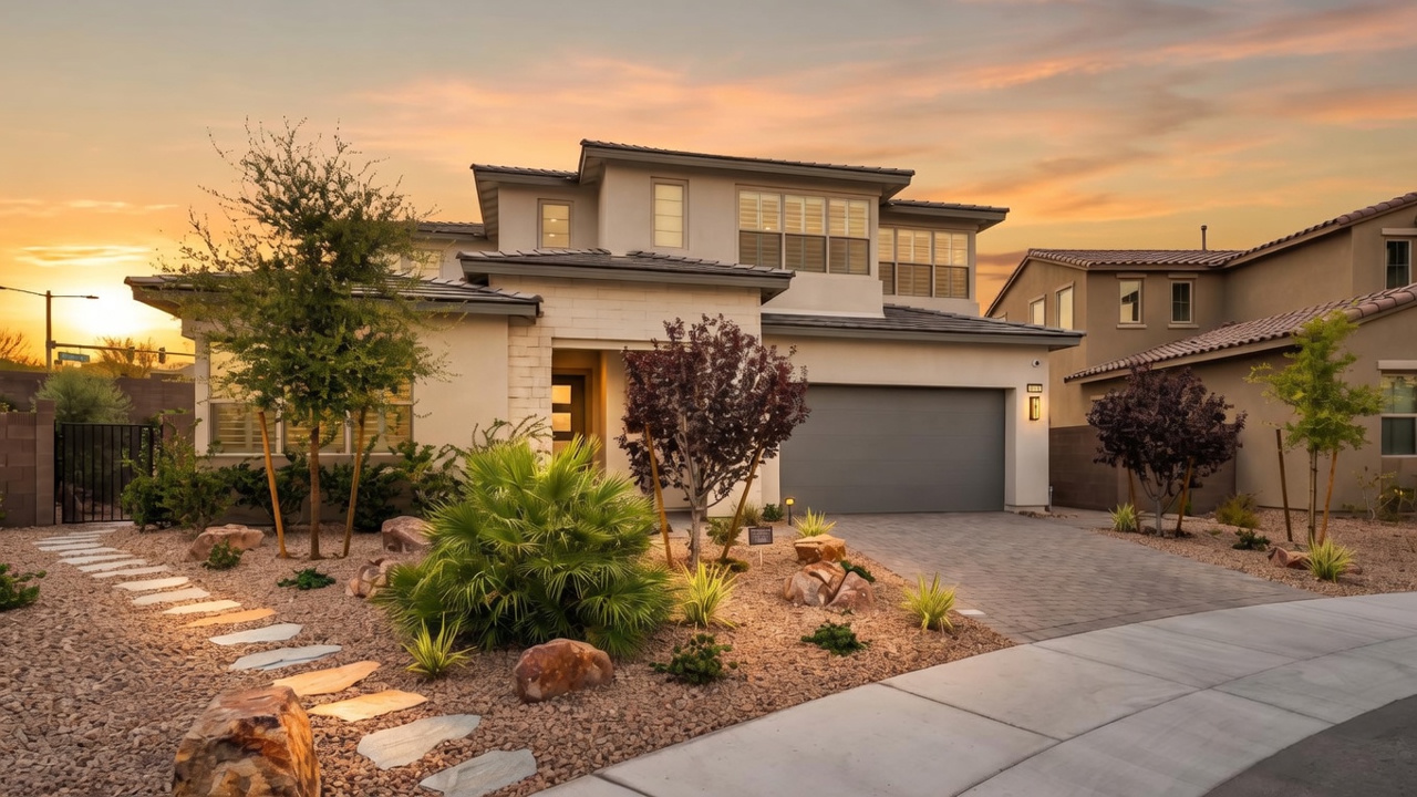 This modern two-story suburban home features a light-colored stucco facade with stone accents and a clean, contemporary architectural design. The front yard is landscaped with desert-style gravel, ornamental grasses, and a stone paver walkway leading to the entrance, complemented by a paved driveway and a two-car garage. The perspective is a wide-angle street-level shot, capturing the bright, sunny atmosphere of the residential neighborhood.