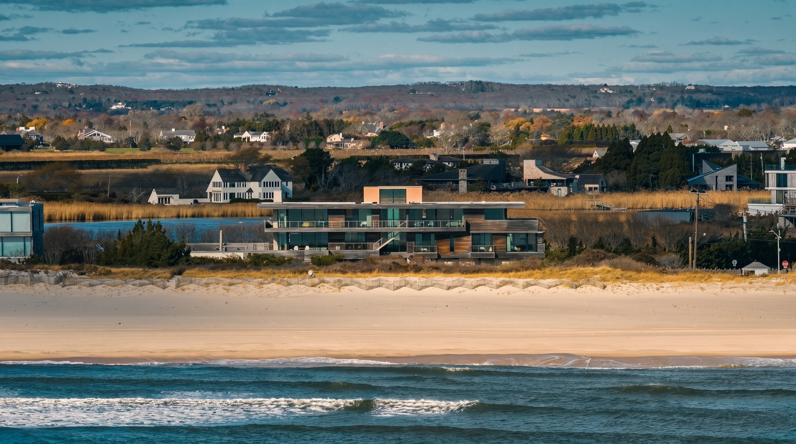 This wide-angle shot captures a contemporary, multi-level waterfront residence situated directly on a sandy beach. The home features a modern architectural design with extensive horizontal lines, wood-toned siding, and large windows that offer panoramic views of the ocean and the surrounding landscape. The perspective is elevated, showcasing the seamless integration of the property with the coastal environment, including a nearby pond and a distant, rolling landscape.