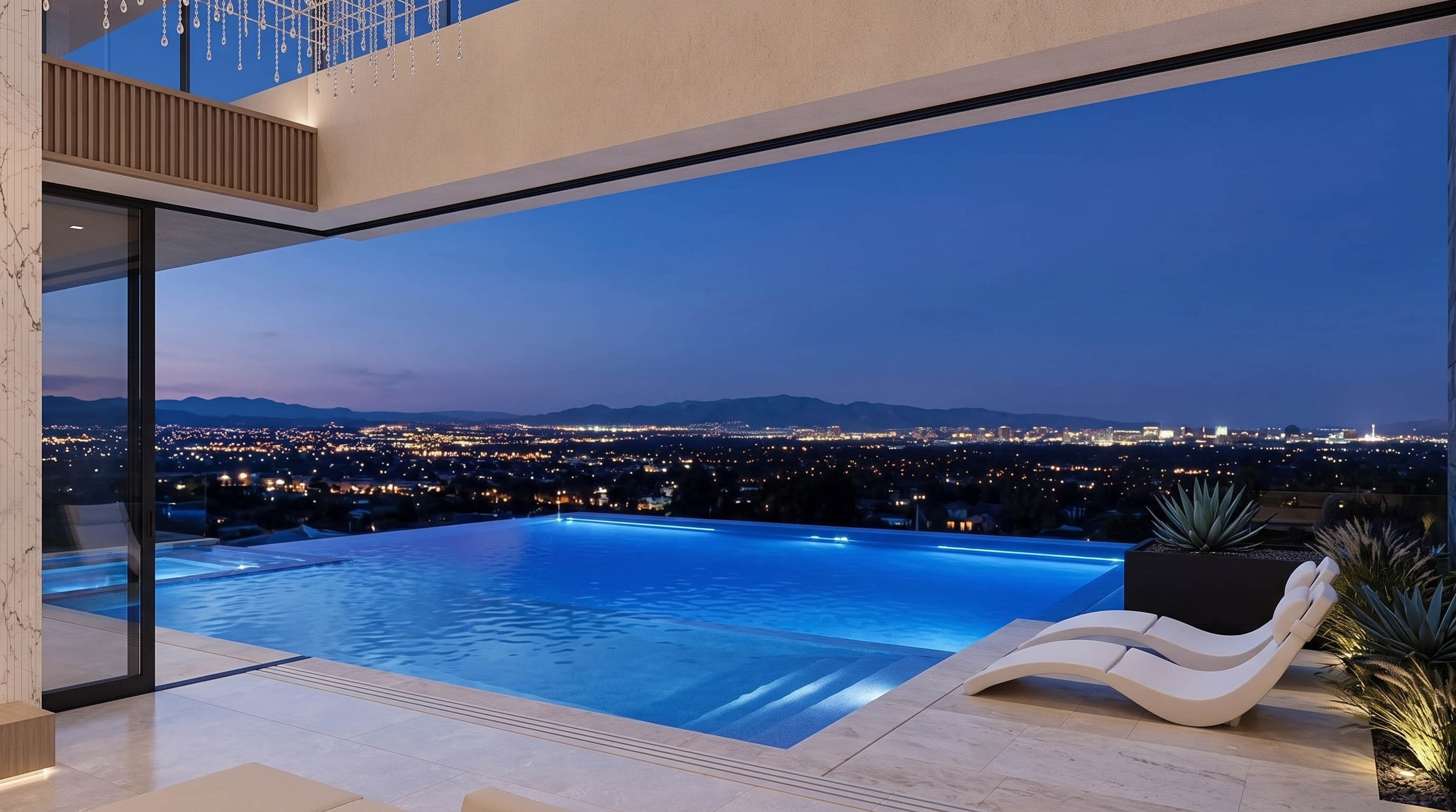 This stunning luxury property features a seamless indoor-outdoor living space centered around a sleek infinity-edge pool illuminated with blue lighting. The patio area is furnished with contemporary loungers and overlooks a breathtaking panoramic night view of the city skyline and distant mountains. The overall impression is one of modern elegance and high-end sophistication, perfect for refined outdoor entertaining.