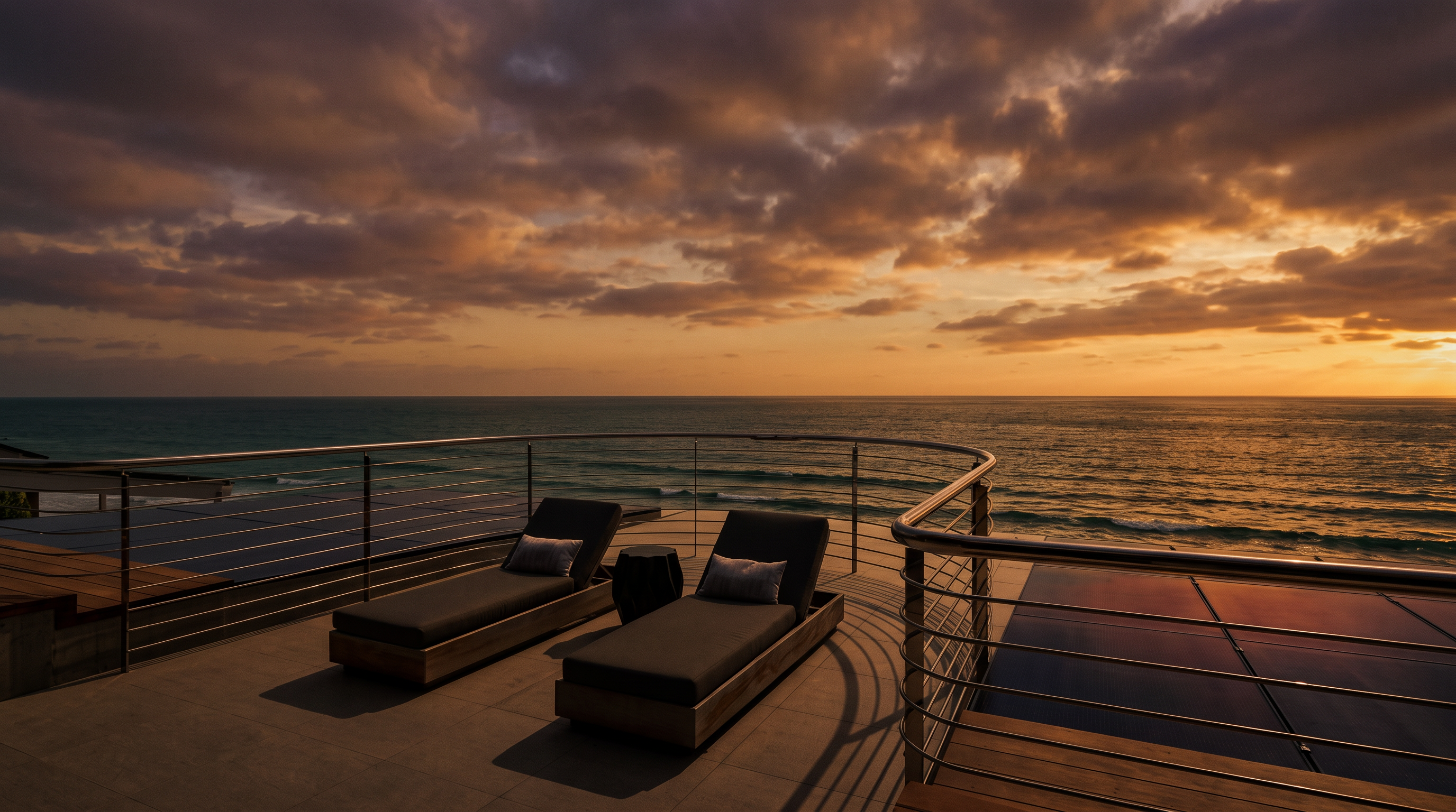 This elevated deck offers a panoramic, unobstructed view of the ocean, featuring a sleek, curved stainless steel railing that emphasizes the modern architectural design. Two lounge chairs with neutral cushions are positioned on the tiled surface, accompanied by a small dark side table, creating a serene outdoor retreat. The perspective captures the vast horizon and the expansive sky, highlighting the property's prime coastal location.