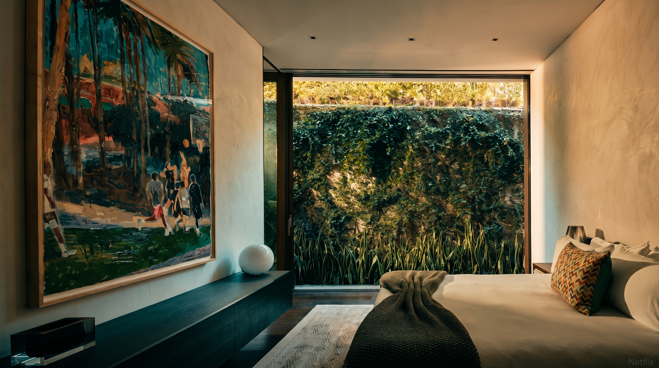 This sophisticated primary bedroom features a minimalist aesthetic with a large, floor-to-ceiling window that frames a lush, ivy-covered garden wall, creating a seamless connection to nature. The room is anchored by a sleek, dark wood media console topped with a modern globe lamp and a large, vibrant piece of contemporary art. A plush bed with a textured throw blanket and patterned accent pillow completes the serene, high-end atmosphere.