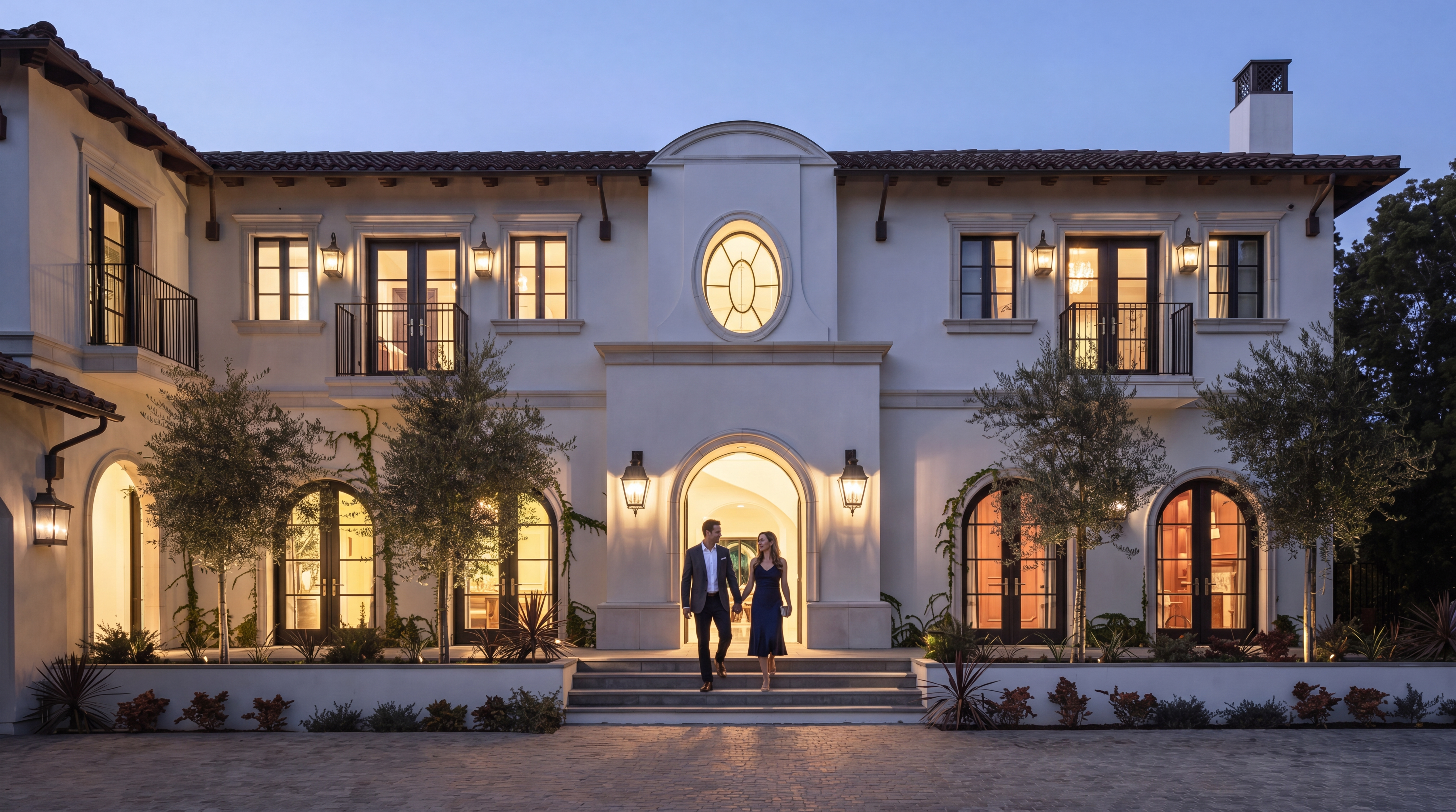 This grand Mediterranean-style estate features a symmetrical white stucco facade with a prominent arched entryway and a distinctive oval window at the center. The exterior is accented by dark-framed windows, wrought-iron balcony railings, and a tiled roof, all set against a paved cobblestone motor court. The scene is captured at dusk, with warm exterior lighting highlighting the architectural details and manicured landscaping.