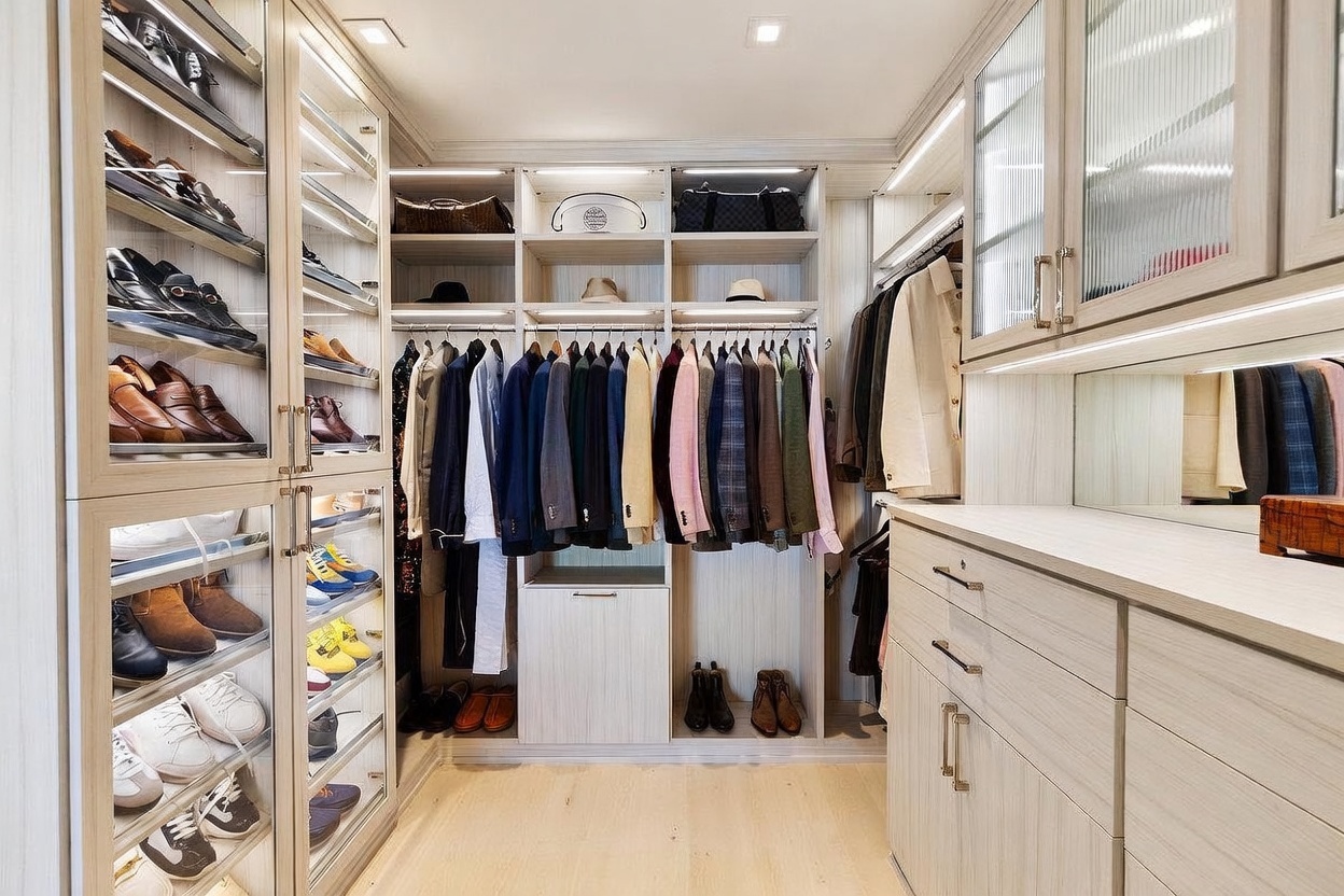 This organized walk-in closet features custom light-toned wood cabinetry with glass-fronted shoe displays on the left and a central hanging section for clothing. The space is illuminated by recessed lighting and integrated shelf lights, creating a bright and sophisticated atmosphere. A vanity area with a mirror and drawers is positioned on the right, providing a functional and elegant storage solution.