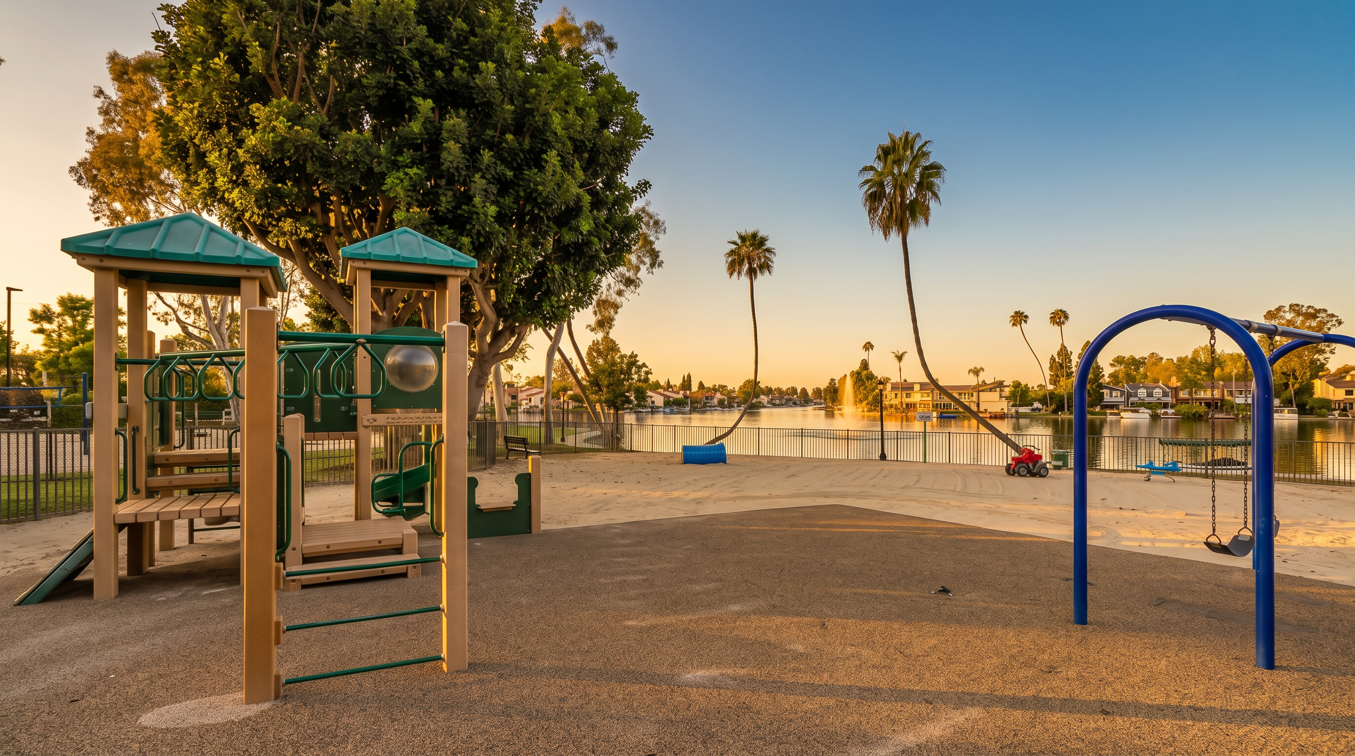 This community playground offers an inviting outdoor space, featuring a modern climbing structure and a swing set situated on a mix of rubberized safety flooring and sand. The area overlooks a serene lake, framed by palm trees and mature shade trees, providing a picturesque and recreational environment for residents.