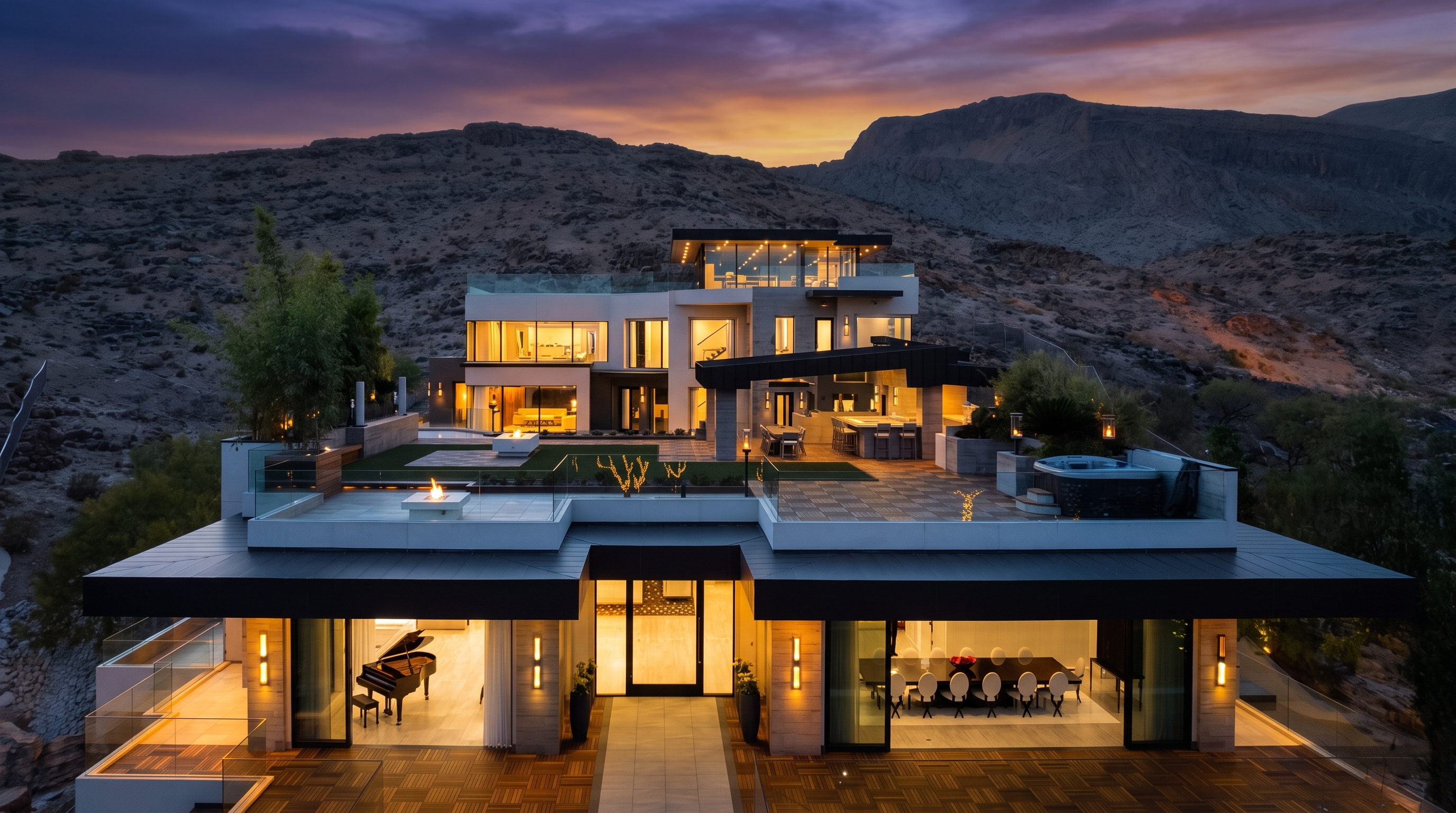 This stunning multi-level modern estate is captured from an elevated perspective, showcasing its dramatic integration into a rugged desert hillside. The architecture features clean lines, expansive terraces with glass railings, and a seamless transition between indoor and outdoor living spaces, including a grand piano visible in the open-concept living area. The property is illuminated at dusk, highlighting the tiered patios, outdoor dining area, and a private spa, all set against a backdrop of dramatic mountain terrain.