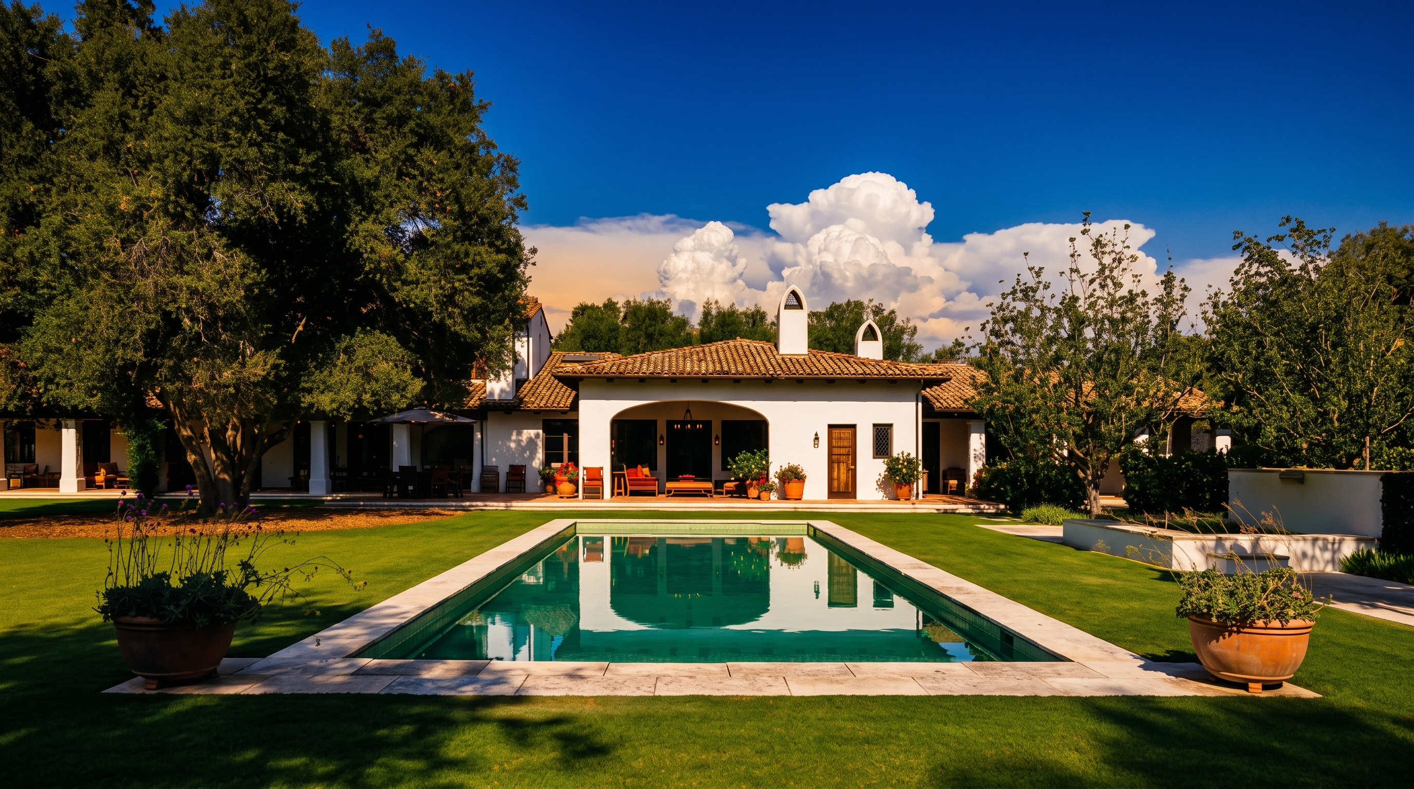 This expansive backyard features a rectangular swimming pool as the central focal point, set within a lush, manicured lawn. The rear of the Mediterranean-style home showcases a covered patio area with arched openings, providing a seamless transition between indoor and outdoor living spaces. Large, mature trees frame the property, while a shaded seating area with an umbrella and a modern hanging chair adds to the serene, resort-like atmosphere.