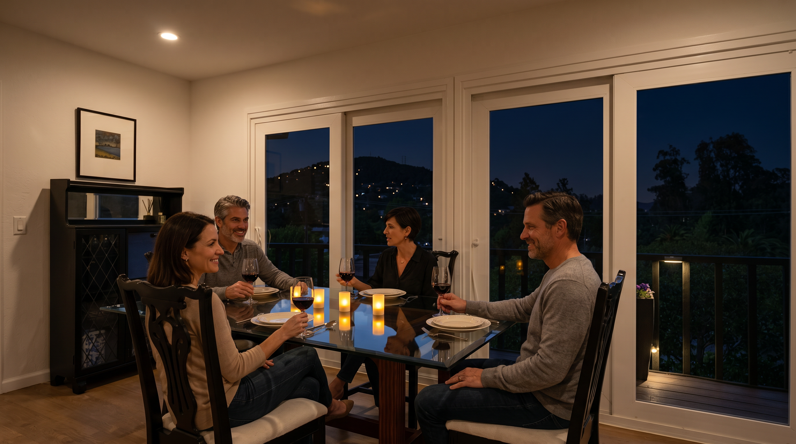 This bright dining room features a glass-topped table surrounded by four chairs with dark frames and light-colored upholstery. A dark, ornate hutch stands against the wall, while large sliding glass doors provide access to a balcony and offer expansive views of the surrounding trees and hills. The room is finished with light wood-toned flooring and neutral walls, creating an airy and inviting atmosphere.