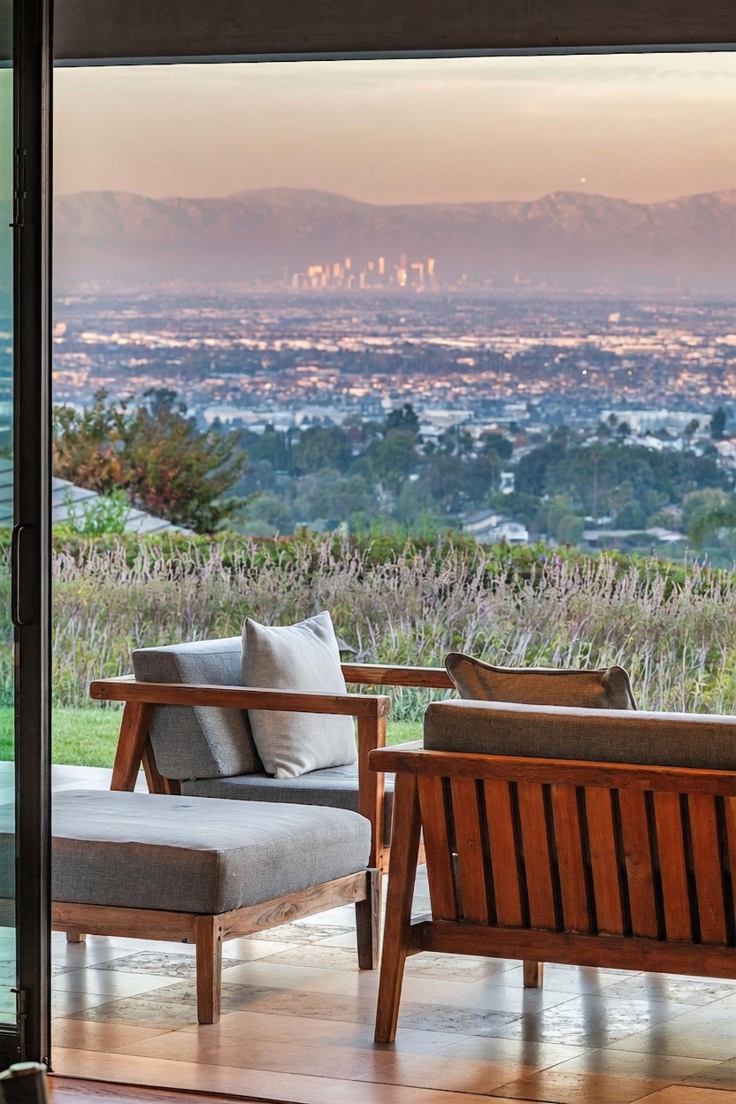This image captures a serene outdoor patio space featuring comfortable wooden lounge furniture with plush grey cushions. The area offers a breathtaking, elevated panoramic view of a sprawling city skyline set against a backdrop of distant mountains during a soft sunset. The perspective is framed from inside looking out, emphasizing the seamless transition between the indoor living space and the expansive outdoor vista.