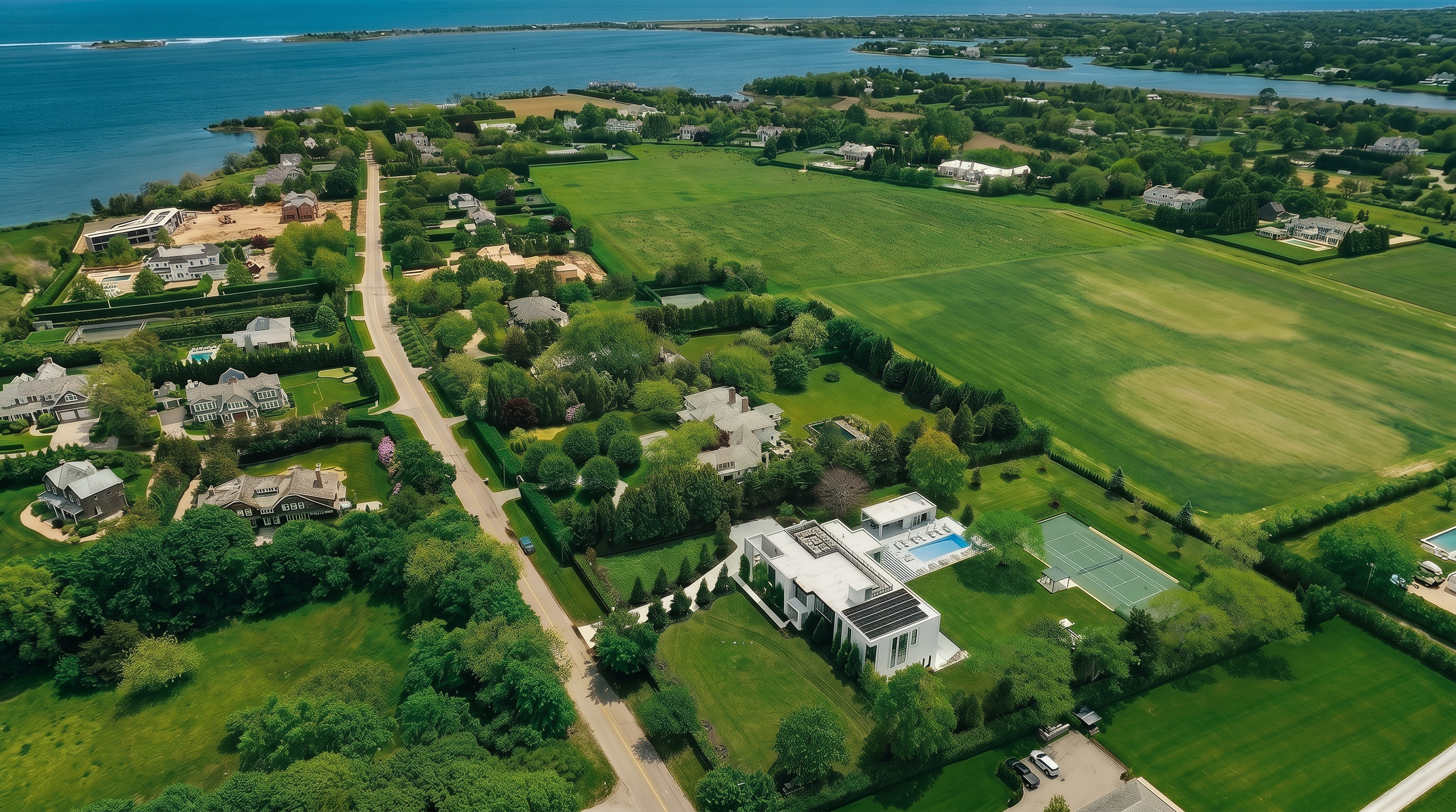 This high-angle aerial perspective captures a sprawling coastal estate featuring a modern, white-walled residence with a flat roof and integrated solar panels. The property includes a private swimming pool, a tennis court, and expansive manicured lawns, all bordered by lush greenery and mature trees. The surrounding landscape showcases a serene rural setting with a nearby body of water, emphasizing the property's secluded and luxurious atmosphere.