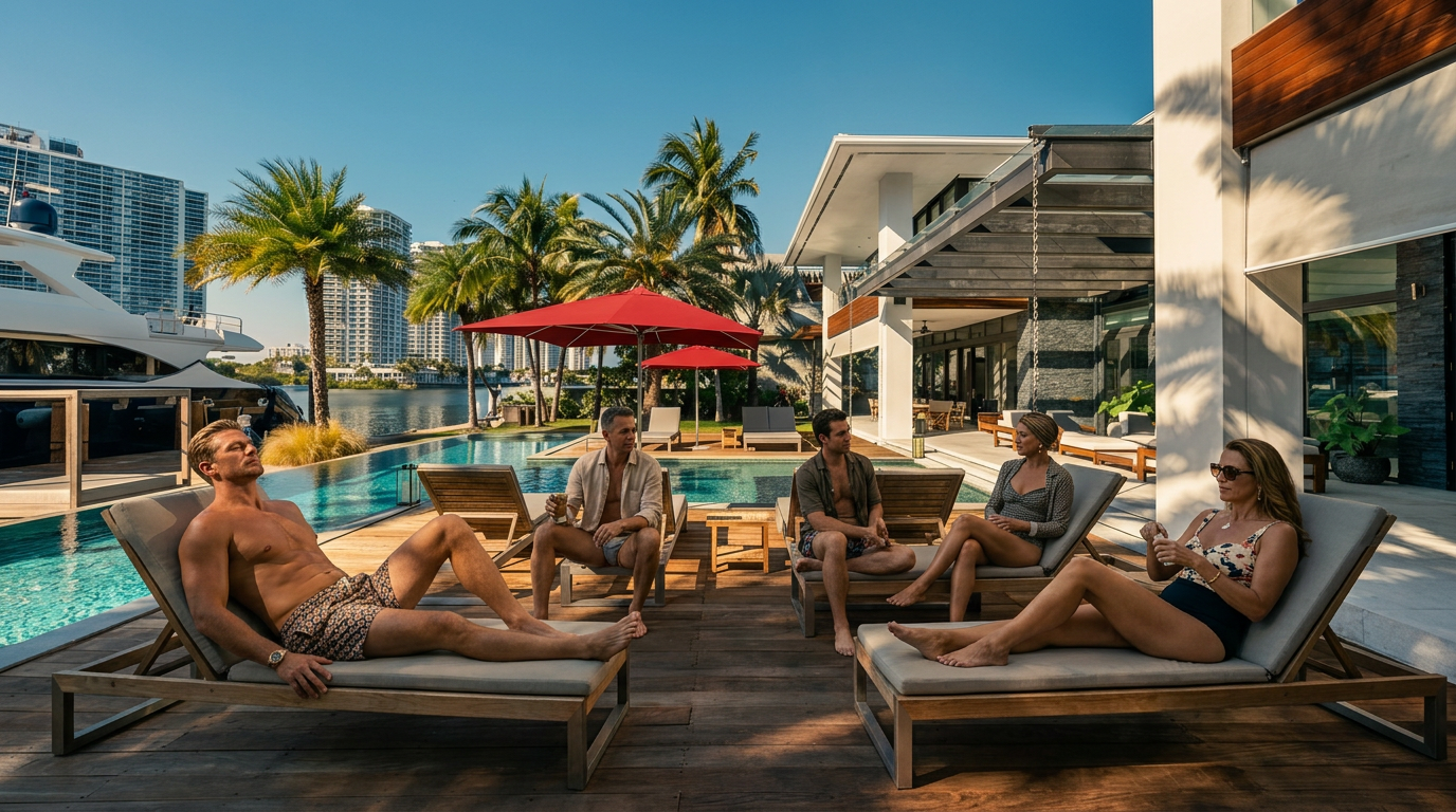 This luxurious waterfront outdoor space features a sleek infinity-edge pool overlooking a canal with a yacht docked nearby. A spacious wooden deck is furnished with multiple lounge chairs and red umbrellas, creating a resort-like atmosphere. The modern architecture of the home includes expansive glass walls and a covered patio area, seamlessly blending indoor and outdoor living.