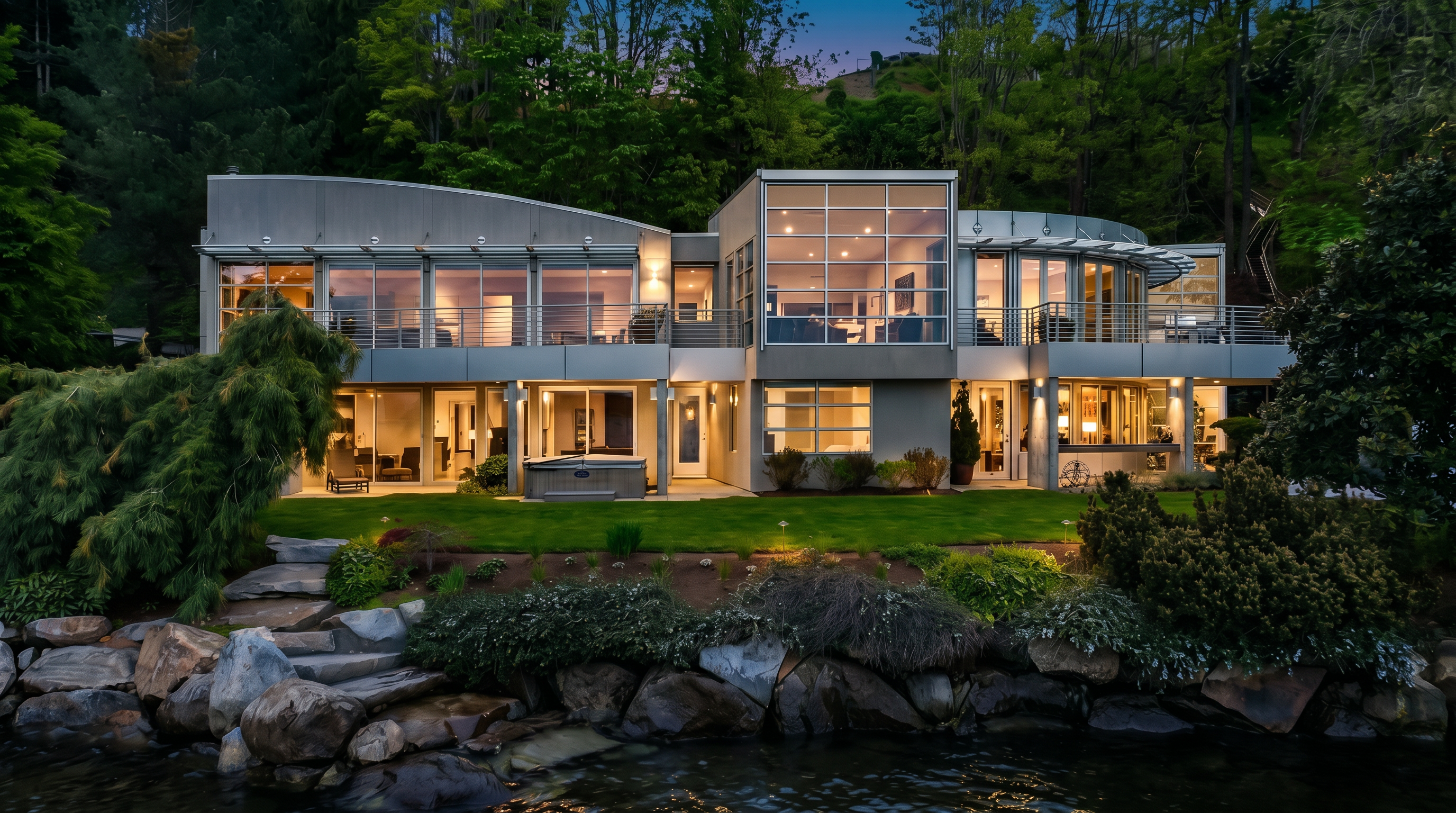 This contemporary waterfront residence features a striking architectural design with a mix of curved and angular forms, extensive glass walls, and multiple levels of balconies. The home is nestled against a lush, tree-covered hillside and overlooks a calm body of water, with a manicured lawn and a hot tub situated on the lower patio. The scene is captured at twilight, with warm interior lighting glowing through the large windows, creating an inviting and sophisticated atmosphere.