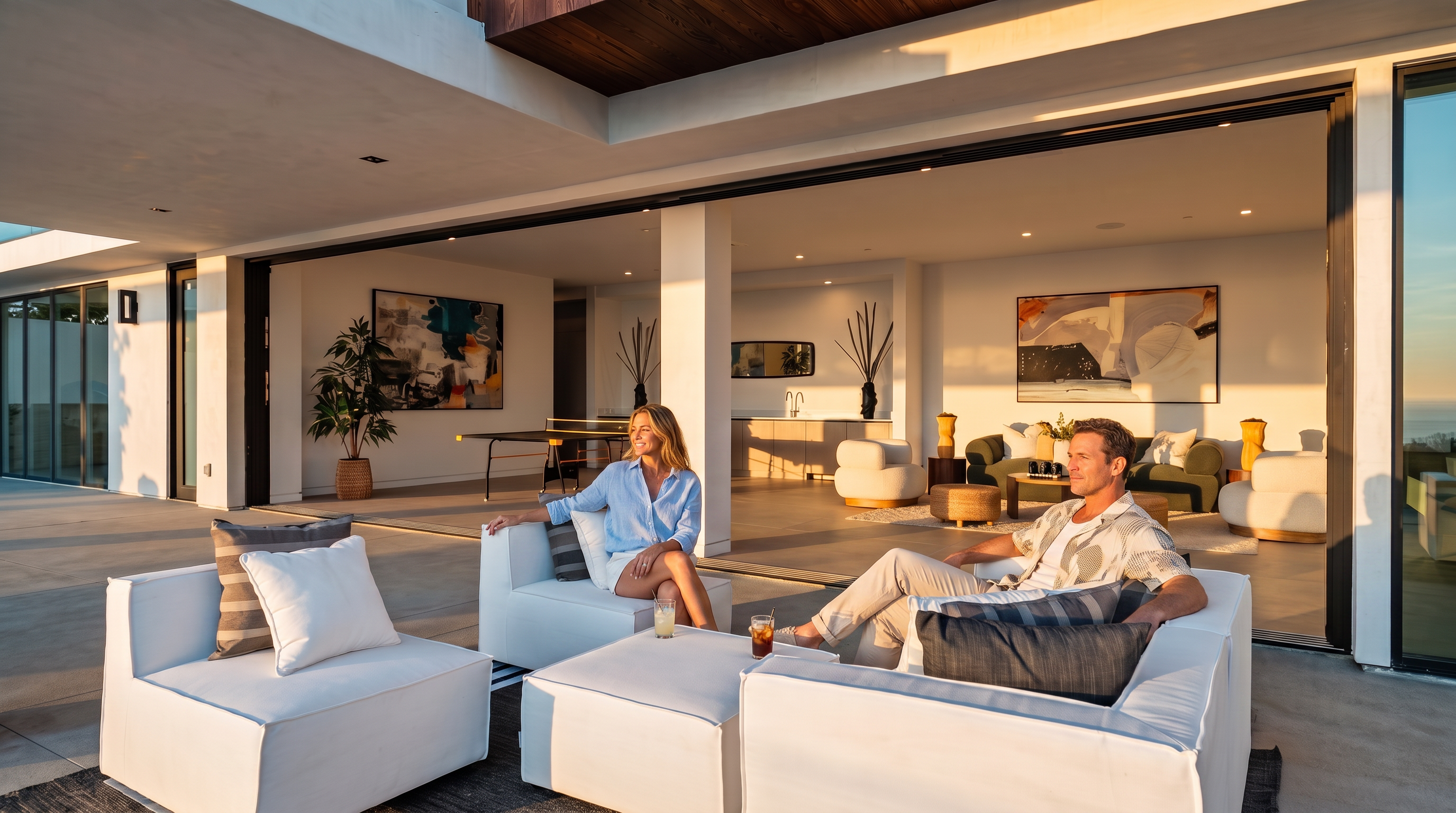 This image captures a seamless transition between an outdoor lounge area and an expansive indoor living space, facilitated by massive, retractable glass walls. The foreground features contemporary white modular seating on a dark rug, while the interior space beyond showcases a sophisticated living area with plush green sofas and a ping-pong table. The open-concept design emphasizes a luxurious, airy atmosphere perfect for indoor-outdoor entertaining.