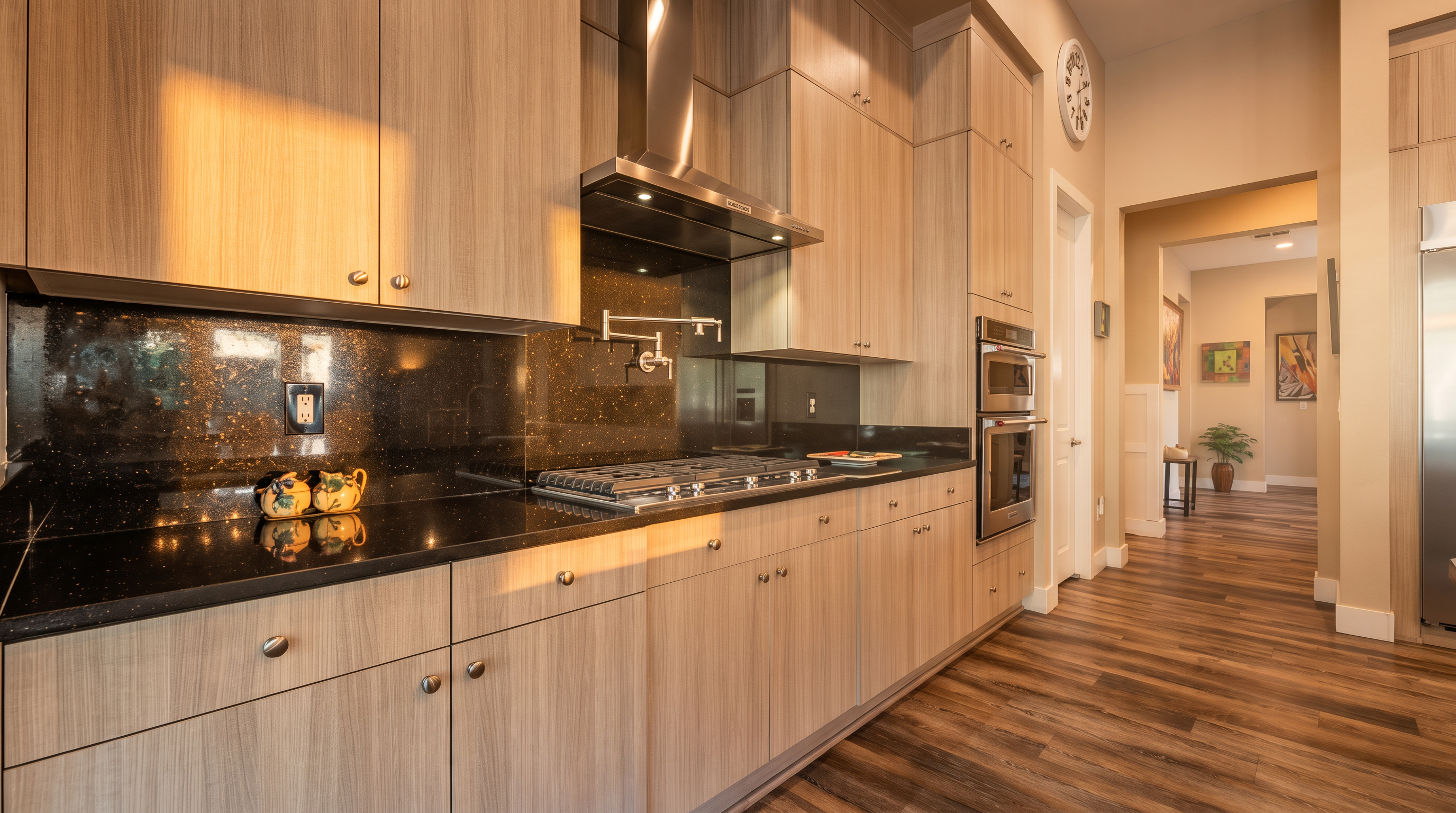This modern kitchen features light wood-tone cabinetry paired with a striking black granite countertop and backsplash. It is equipped with stainless steel professional-grade appliances, including a gas cooktop, built-in ovens, and a vent hood. The space transitions seamlessly into a hallway with wood-look flooring, creating a cohesive and contemporary aesthetic.