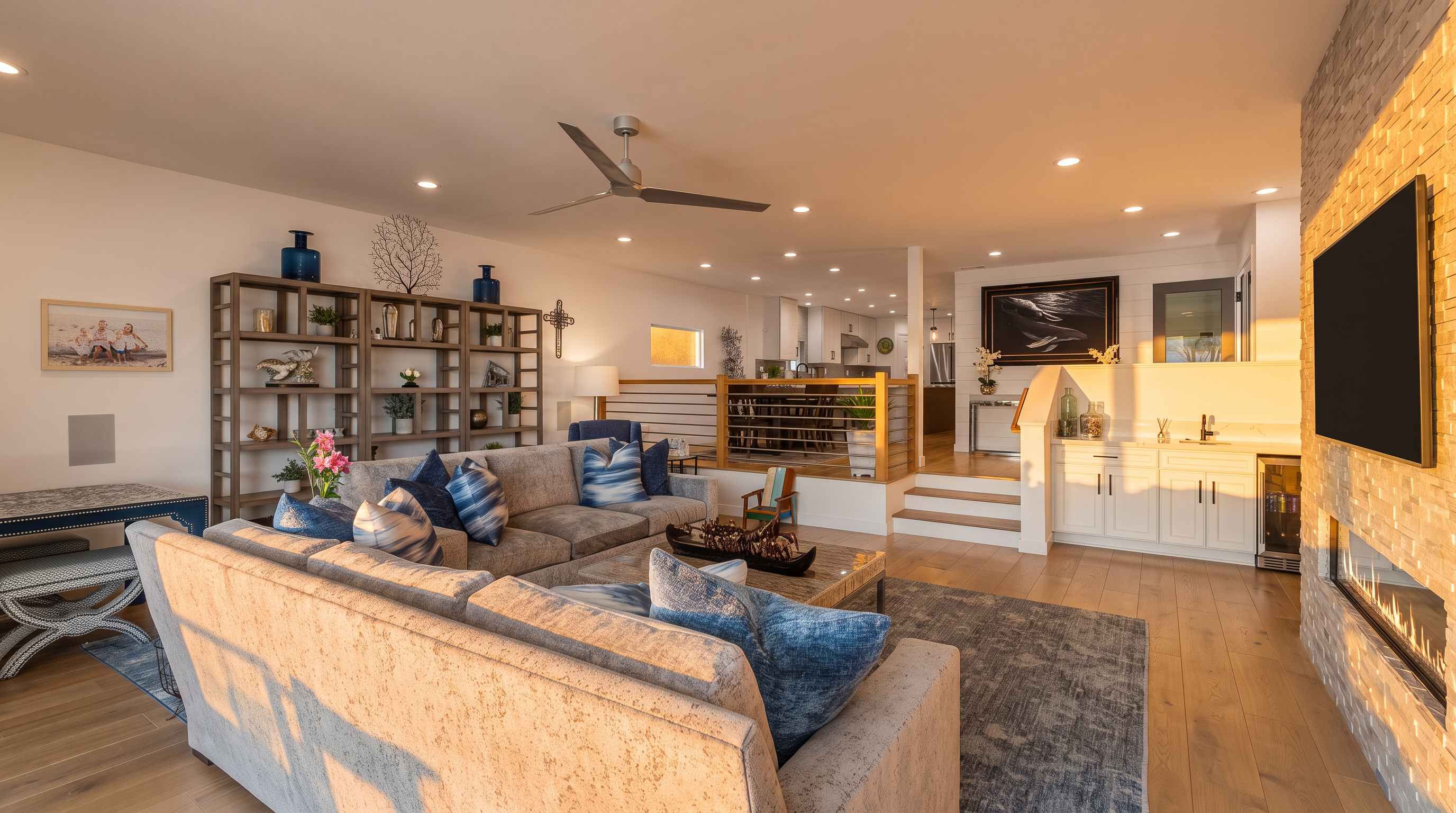 This spacious, open-concept living room features a large, plush sectional sofa, a stone fireplace with a built-in television, and an elegant bookshelf display. The space seamlessly transitions into an elevated kitchen area, highlighted by modern light wood flooring and a coastal-inspired decor scheme. It provides a warm, inviting atmosphere perfect for relaxation and entertaining.