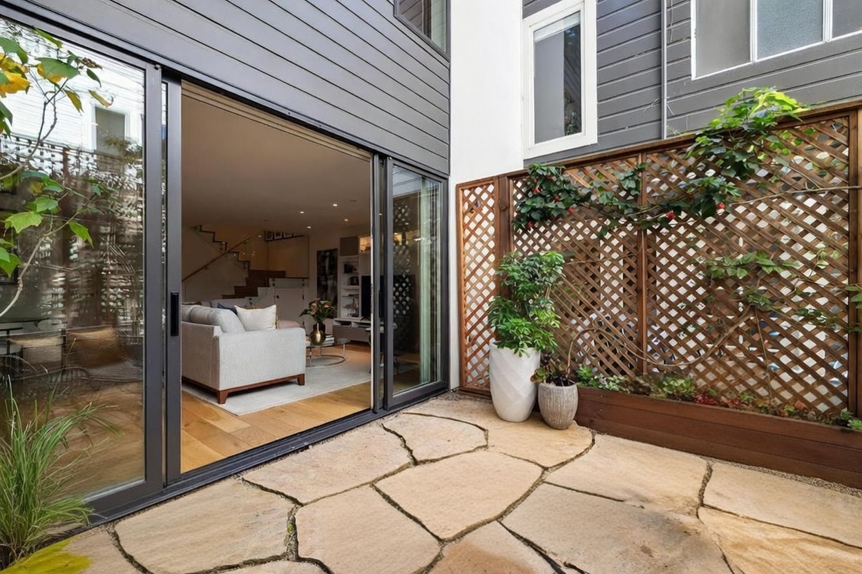 This inviting outdoor patio features natural stone pavers and a set of woven rattan furniture, creating a cozy transition between the indoor living space and the garden. A wooden lattice screen provides privacy and supports climbing greenery, while large sliding glass doors offer a seamless connection to the bright, modern interior. The space is framed by dark horizontal siding and white architectural accents, presenting a sophisticated and well-maintained urban retreat.