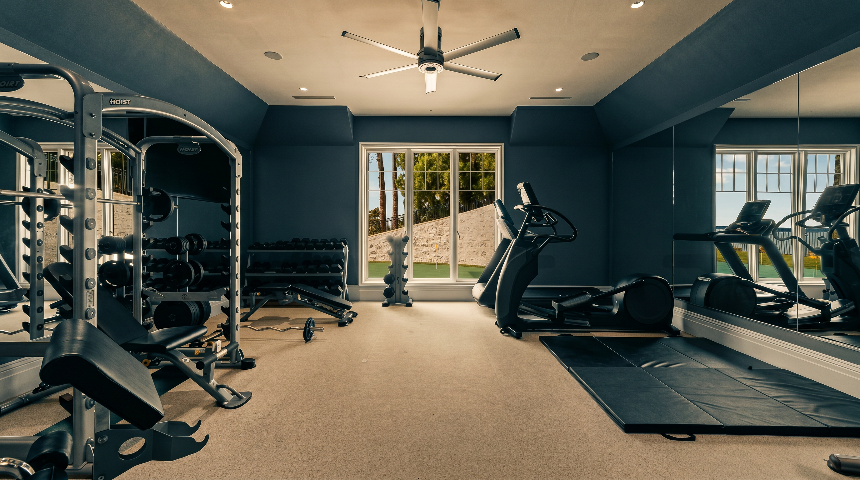 This spacious home gym features dark grey walls and neutral carpeting, creating a focused environment for fitness. The room is equipped with a professional-grade Hoist weight machine, a rack of dumbbells, and an elliptical trainer, all positioned to face a large window that provides natural light and a view of the outdoors. A large wall mirror on the right side enhances the sense of space, while a ceiling fan with integrated lighting ensures comfort during workouts.
