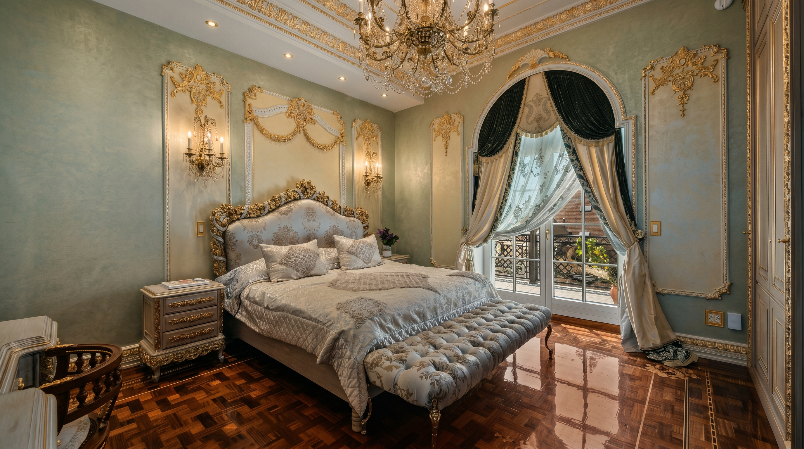 This opulent primary bedroom features a sophisticated neoclassical design with ornate gold-leaf molding, a crystal chandelier, and a tufted upholstered bed frame. The room is anchored by a rich, polished parquet wood floor and features a large arched glass door that leads to a private balcony, allowing for abundant natural light. The overall aesthetic is one of regal elegance and refined luxury, perfect for a high-end residential listing.