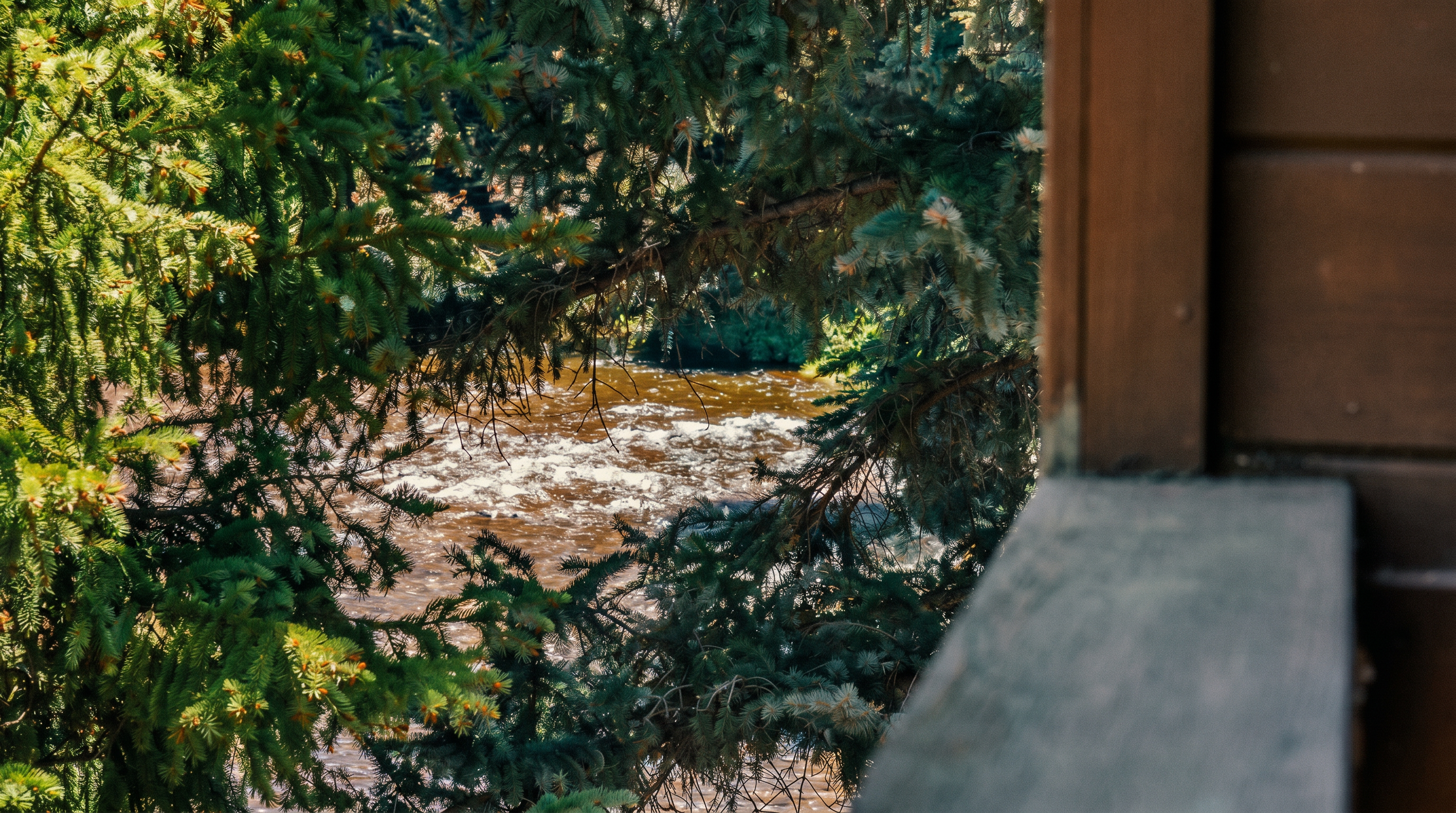 This perspective from a wooden balcony captures a serene, elevated view of a rushing river framed by dense, lush evergreen trees. The foreground features the textured wood railing of the deck, leading the eye toward the natural, flowing water below. The scene evokes a peaceful, secluded atmosphere, highlighting the property's connection to the surrounding forest landscape.
