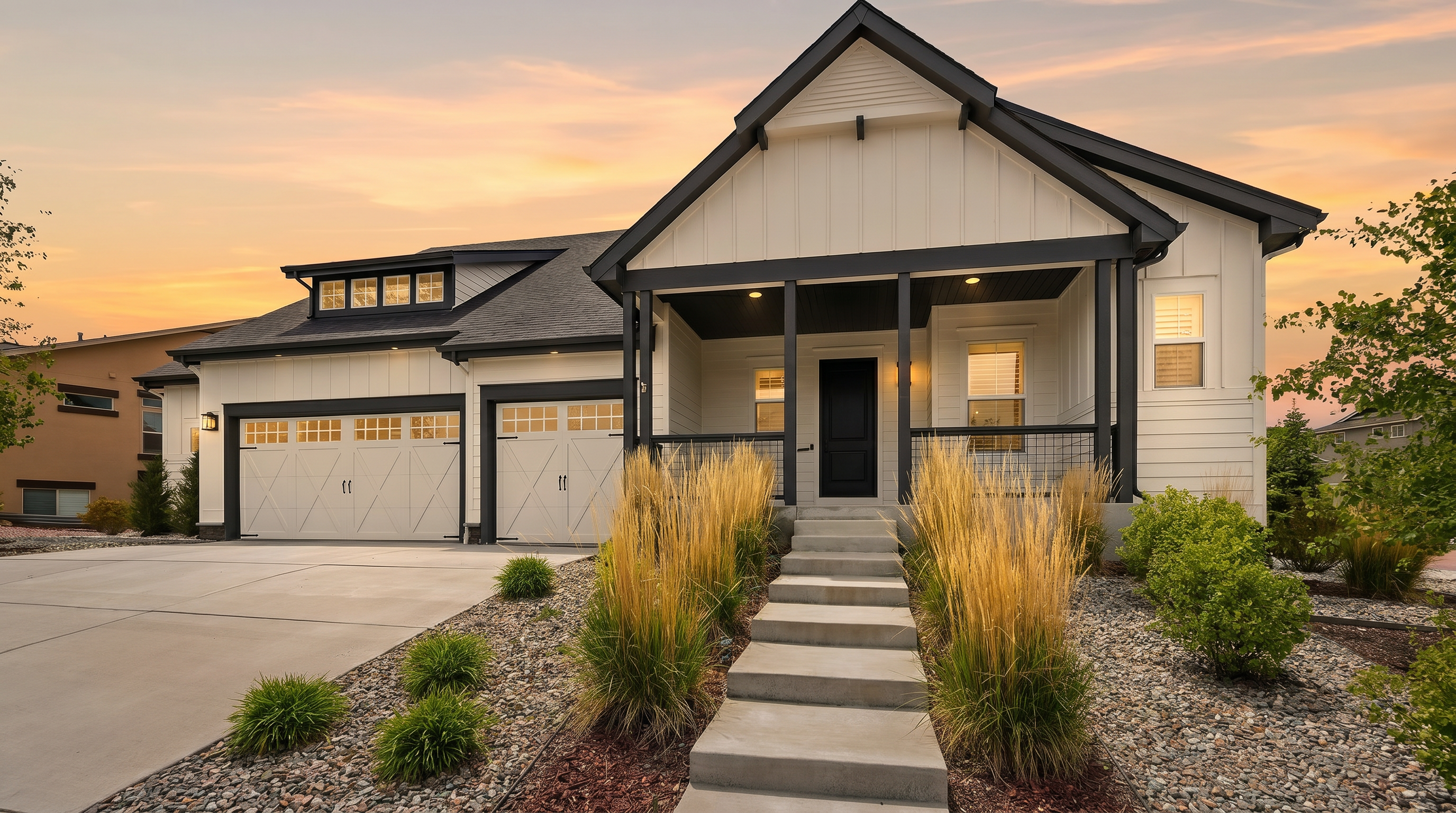 This stunning contemporary home features a striking monochromatic exterior with clean lines, board-and-batten siding, and dark trim accents. The property boasts a welcoming covered front entryway with steps leading up from a landscaped yard filled with ornamental grasses and rocks. A spacious multi-car garage with overhead windows complements the modern aesthetic, creating an inviting and well-maintained curb appeal.