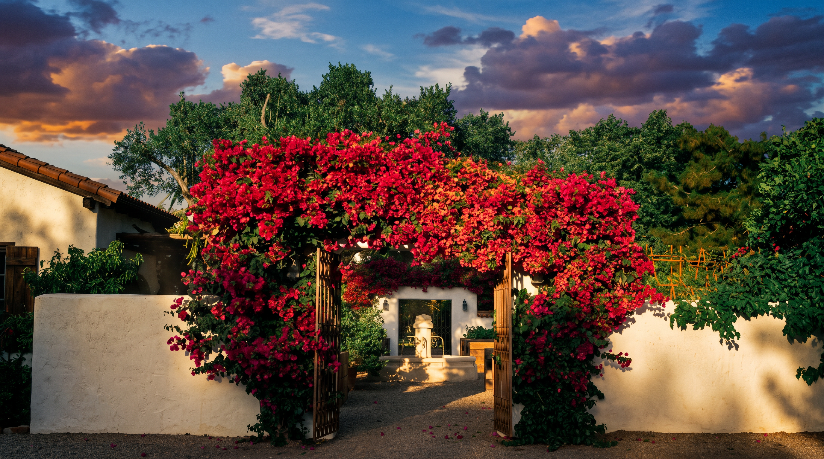 This enchanting garden entrance features a wrought-iron gate framed by a lush, vibrant archway of blooming red bougainvillea. Beyond the gate, a gravel path leads to a classic stone fountain set against a white stucco wall, creating a serene and Mediterranean-inspired atmosphere. A large terracotta pot sits to the right, enhancing the rustic, elegant aesthetic of this private outdoor space.