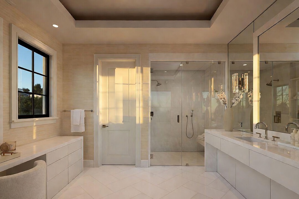 This bright and airy primary bathroom features a double vanity with a long white countertop and a large, wall-to-wall mirror. A glass-enclosed shower with a built-in bench sits centrally, flanked by a door and a window with a black frame. The room is finished with light-toned textured wall coverings and a white tiled floor, creating a clean and sophisticated aesthetic.