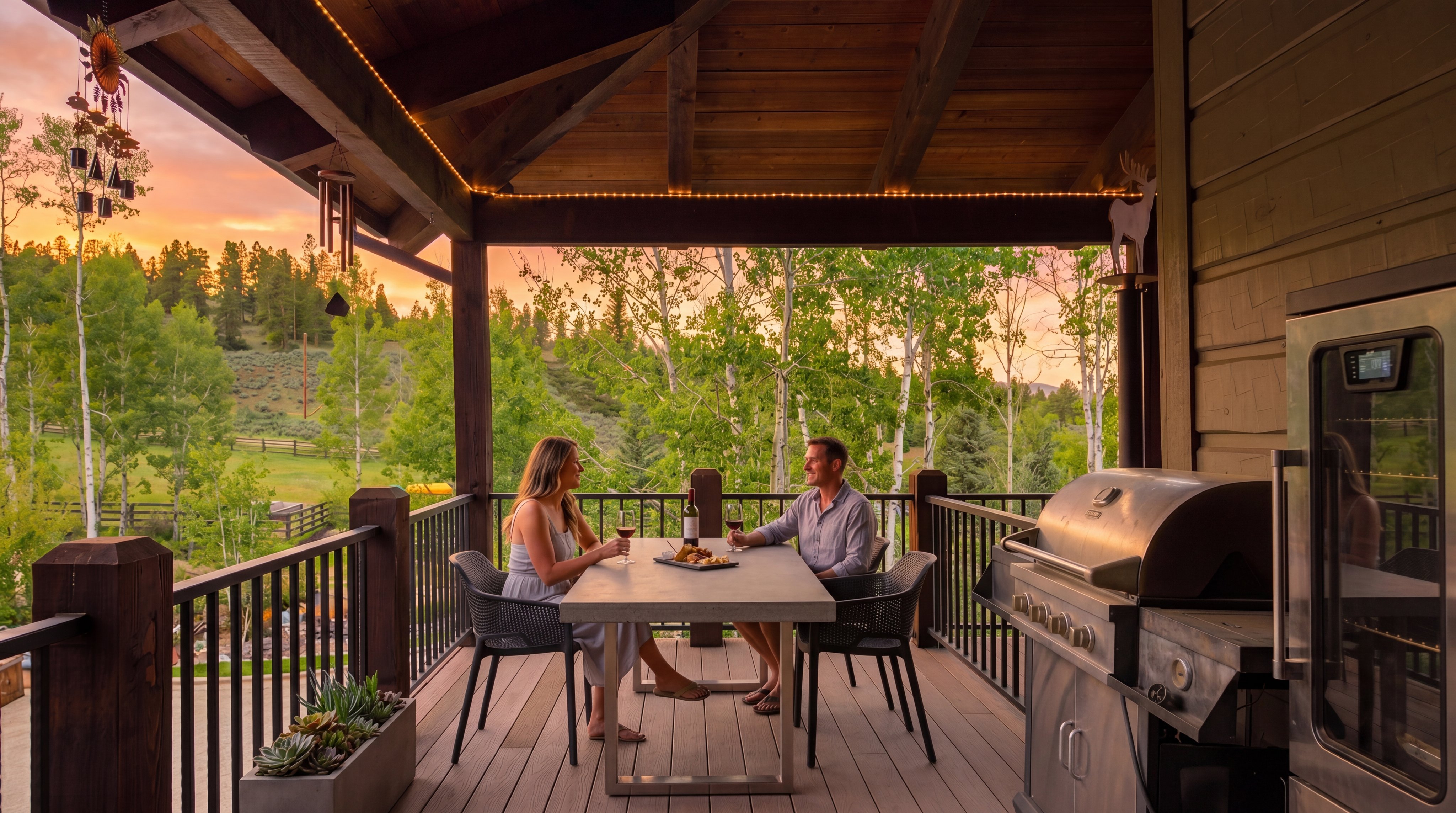 This spacious covered deck offers a serene outdoor living space with a scenic view of rolling hills and trees. The area is furnished with a small dining set and features a grill and a smoker, making it an ideal spot for outdoor cooking and relaxation. The wooden ceiling beams and sturdy railing enhance the rustic, inviting atmosphere of this elevated vantage point.