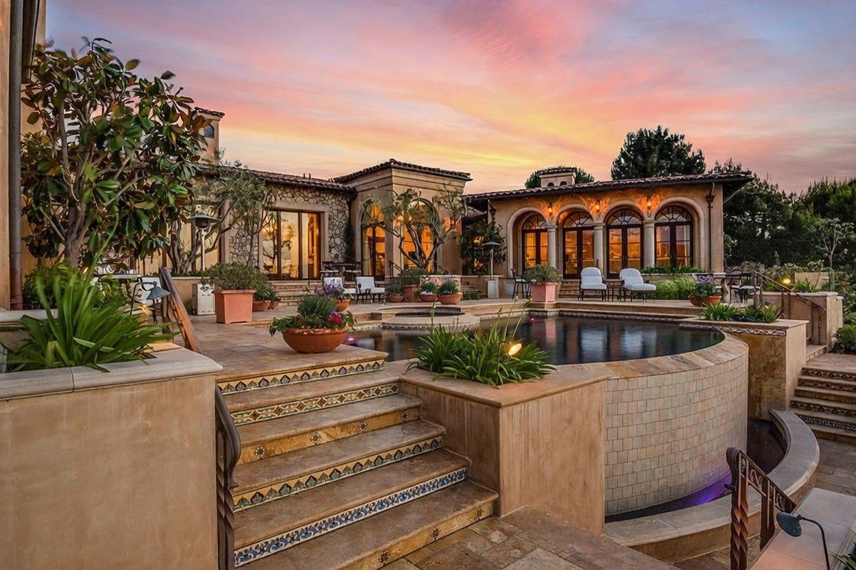 This luxurious Mediterranean-style estate features a stunning infinity-edge pool as the centerpiece of its expansive stone-paved patio. The architecture showcases warm, earth-toned stucco walls, arched windows, and decorative tile accents on the stairs, all set against a vibrant sunset sky. The scene conveys an atmosphere of high-end outdoor living and sophisticated relaxation.