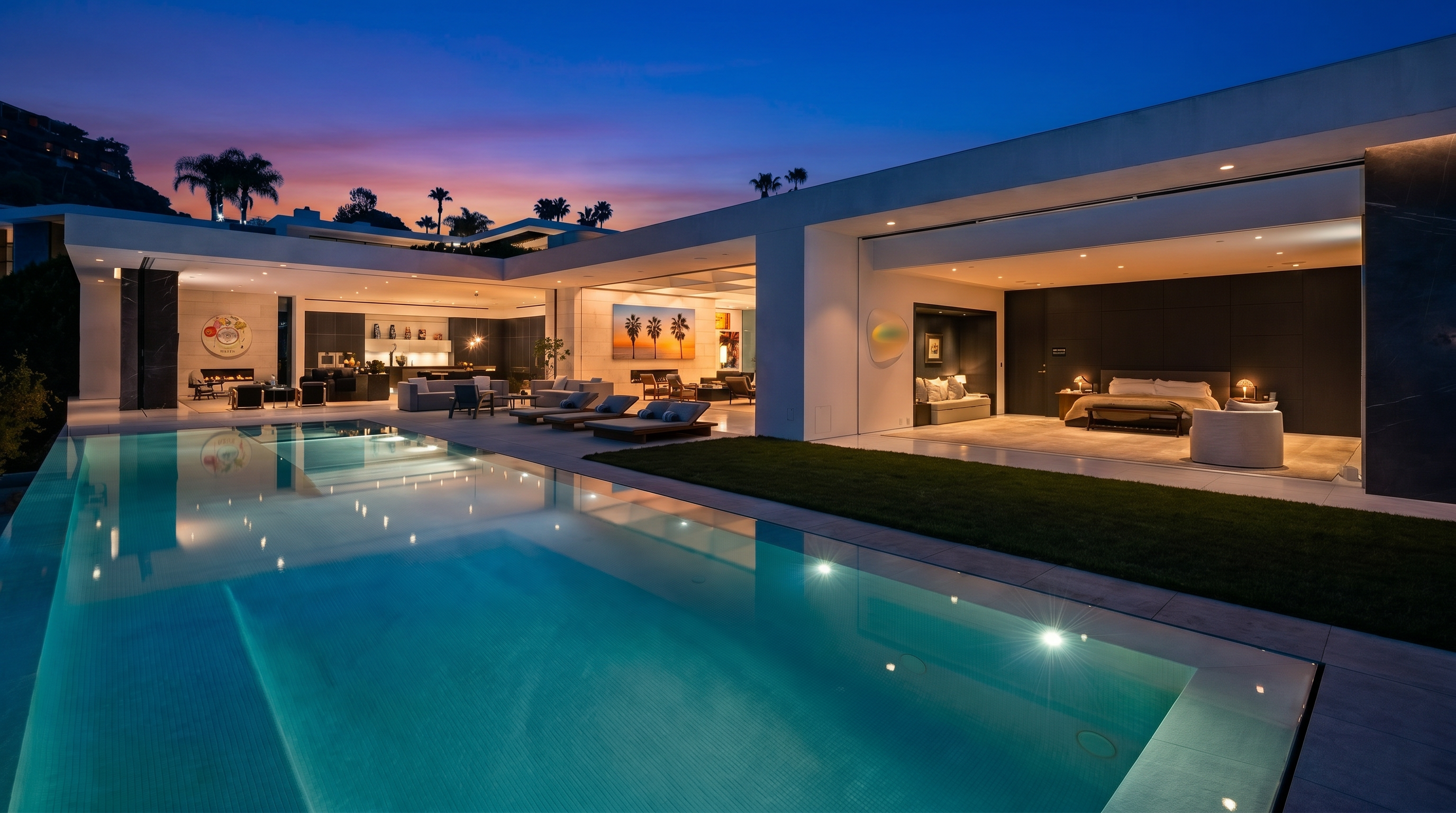 This stunning modern luxury estate features a seamless indoor-outdoor flow, highlighted by a large, illuminated infinity-edge pool that reflects the twilight sky. The open-concept design connects a spacious living area and a primary bedroom suite directly to the poolside patio, creating an expansive entertainment space. The architecture is characterized by clean lines, minimalist aesthetics, and sophisticated recessed lighting, offering a high-end, resort-like atmosphere.