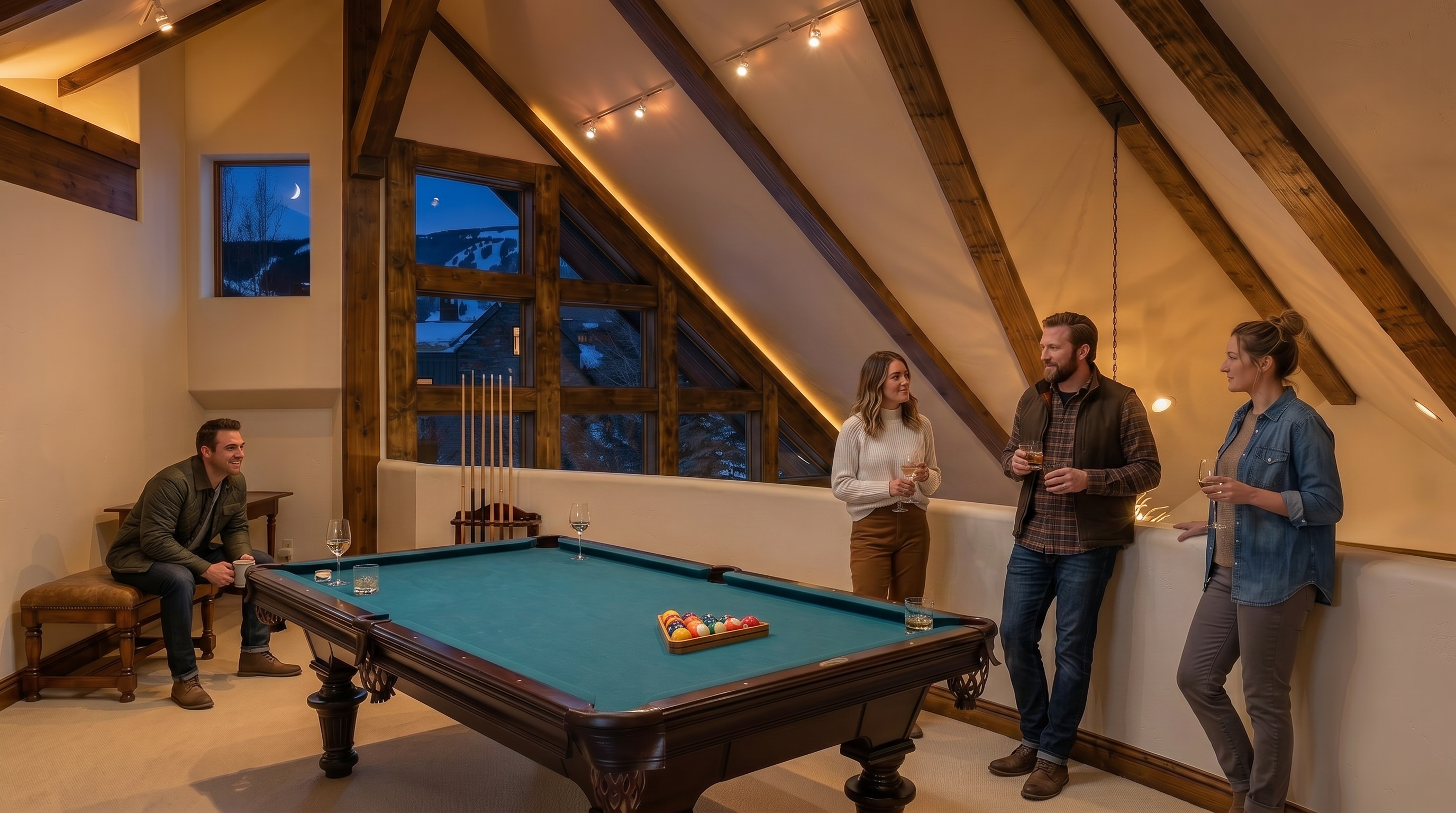 This lofted game room features a classic pool table as the central focus, set against a backdrop of dramatic vaulted ceilings with exposed timber beams. Large, multi-paned windows follow the roofline, providing expansive views of a snowy mountain landscape. The space is finished with neutral walls and light carpeting, creating a cozy, rustic atmosphere perfect for leisure.