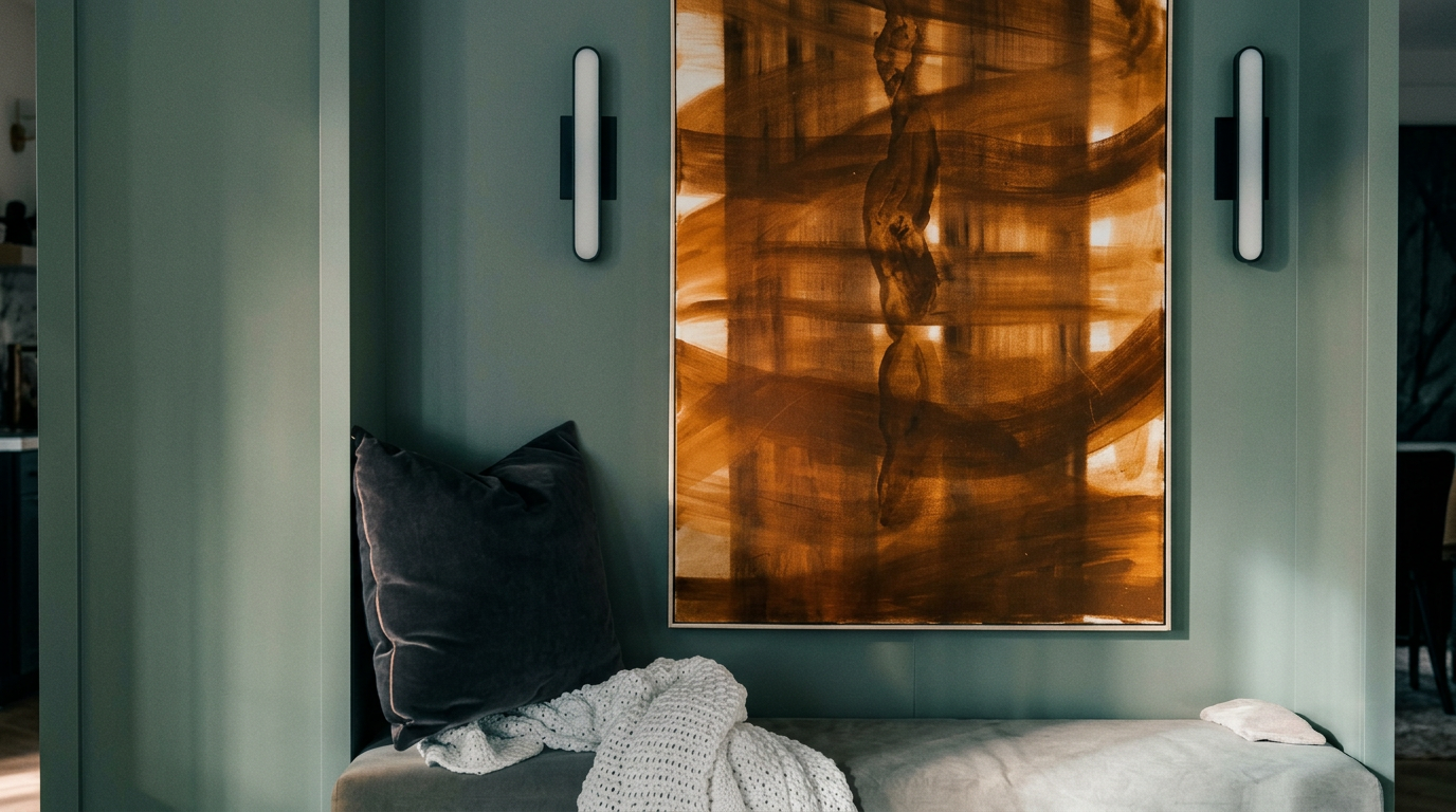This image showcases a cozy, built-in window seat or reading nook painted in a sophisticated sage green. The space is accented by a plush dark velvet pillow, a textured white throw blanket, and a large, abstract brown-toned painting, all illuminated by a sleek, modern vertical wall sconce. The composition offers a warm, inviting, and high-end aesthetic perfect for a quiet corner in a luxury home.