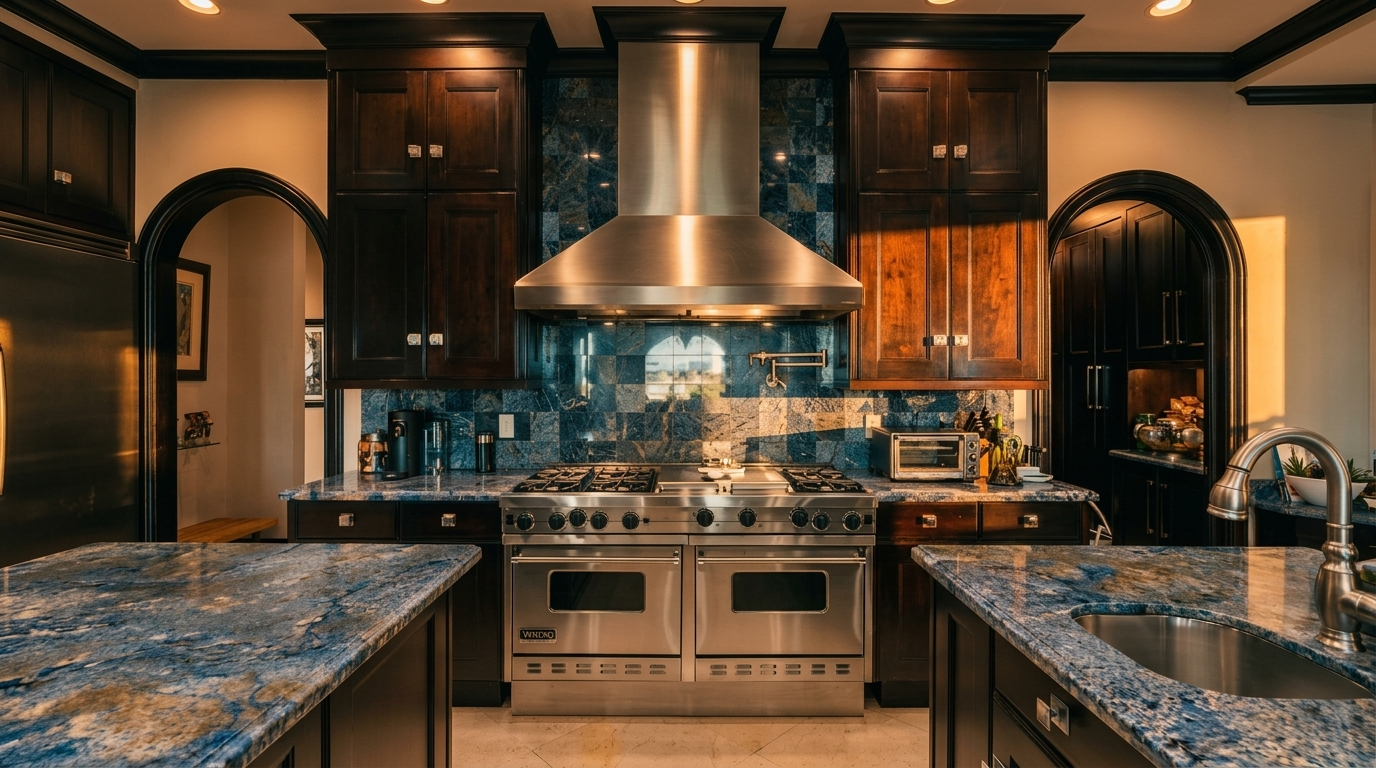 This high-end kitchen features dark wood cabinetry paired with striking blue-toned stone countertops and a matching tiled backsplash. A professional-grade stainless steel range with a large vent hood serves as the focal point, flanked by two arched doorways that lead to adjacent rooms. The symmetrical layout includes a central island and a secondary sink area, creating a sophisticated and functional culinary space.