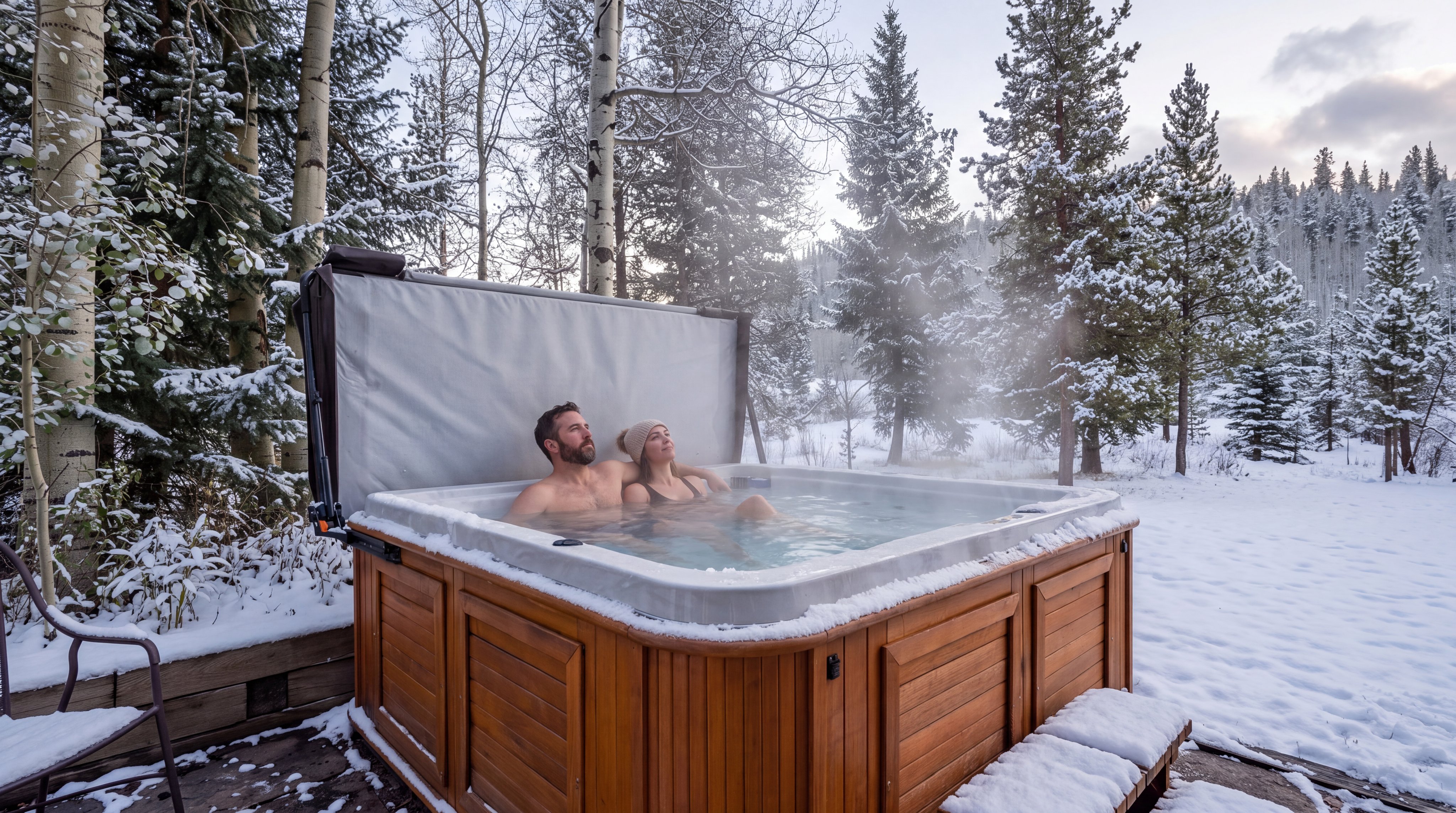 This image features a high-quality, wood-paneled hot tub situated on a wooden deck in a serene, snow-covered landscape. The scene highlights the spa's integration with the natural, wintery surroundings, offering a cozy and luxurious outdoor amenity perfect for cold-weather relaxation. The picturesque forest setting enhances the property's appeal as a peaceful retreat.