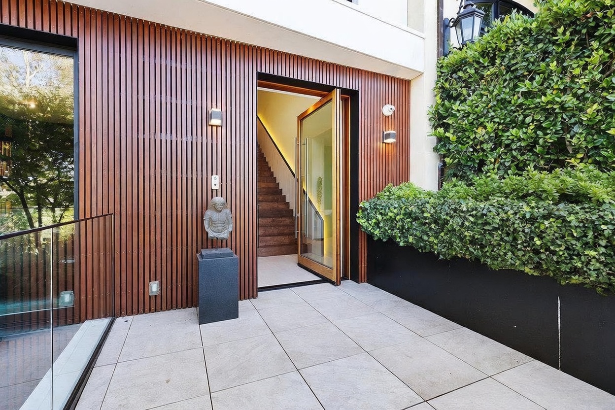 This modern entryway features a striking facade of vertical wood slats and a glass-paneled door that opens into a staircase. A stone sculpture sits on a pedestal to the left, while a lush green hedge provides a natural contrast against the dark, contemporary wall. The tiled patio area creates a clean, sophisticated transition into the home's interior.