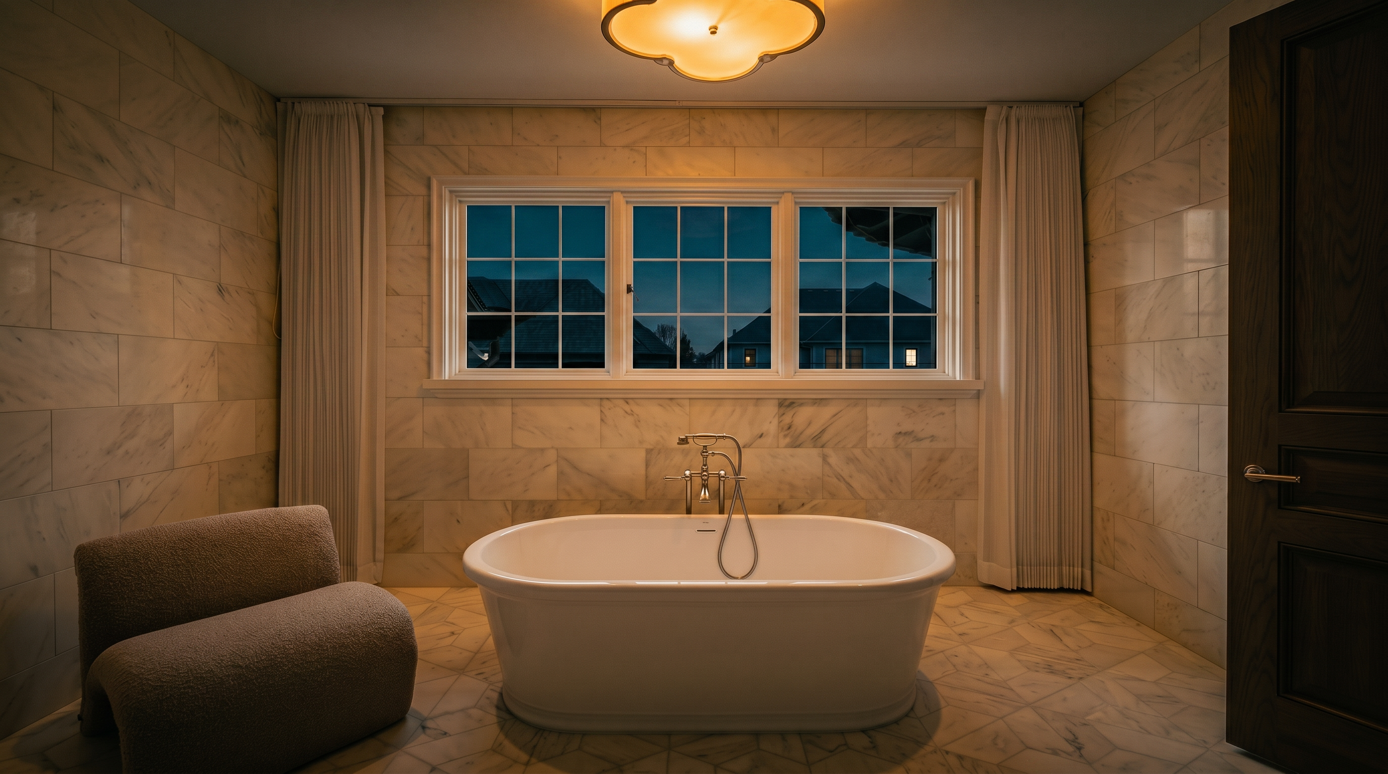 This elegant primary bathroom features a freestanding soaking tub centered beneath a large, multi-pane window that allows for ample natural light. The space is finished with light-toned stone wall tiles and patterned flooring, complemented by a textured, neutral-colored armchair in the corner. A decorative light fixture hangs from the ceiling, adding a touch of sophistication to this serene and well-appointed room.