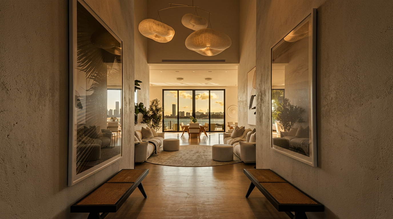 This perspective captures a grand, symmetrical hallway leading into a bright, open-concept living area with a stunning waterfront view. The space is defined by high ceilings, minimalist white walls, and two long benches flanking the path, while large framed art pieces add a sophisticated touch. A sculptural, cloud-like light fixture hangs above, drawing the eye toward the expansive glass doors that reveal a scenic coastal horizon.
