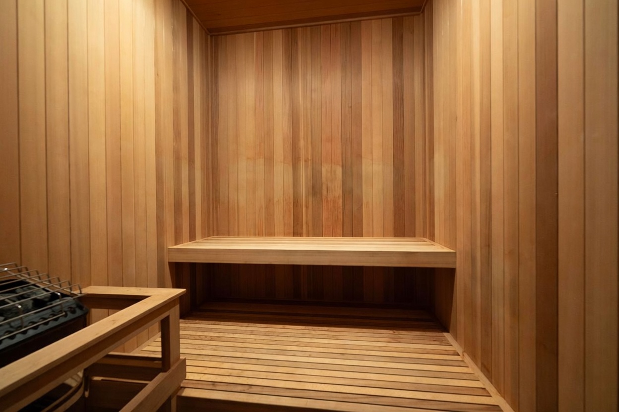 This image showcases a compact, wood-paneled sauna featuring a built-in bench and slatted floorboards. A sauna heater with stones is visible in the foreground, framed by a wooden safety railing. The warm, light-toned wood creates a cozy and relaxing atmosphere typical of a private wellness amenity.